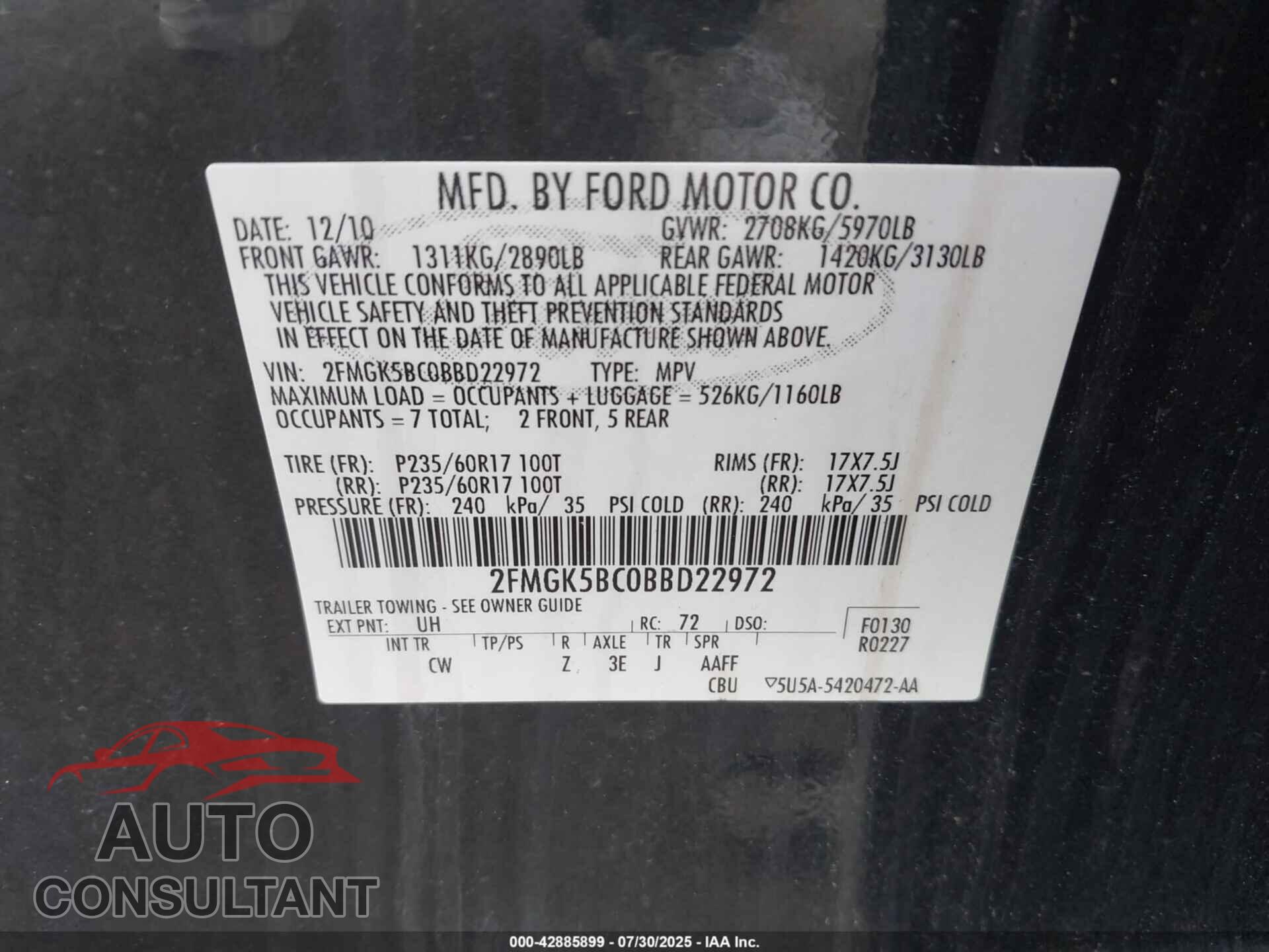 FORD FLEX 2011 - 2FMGK5BC0BBD22972