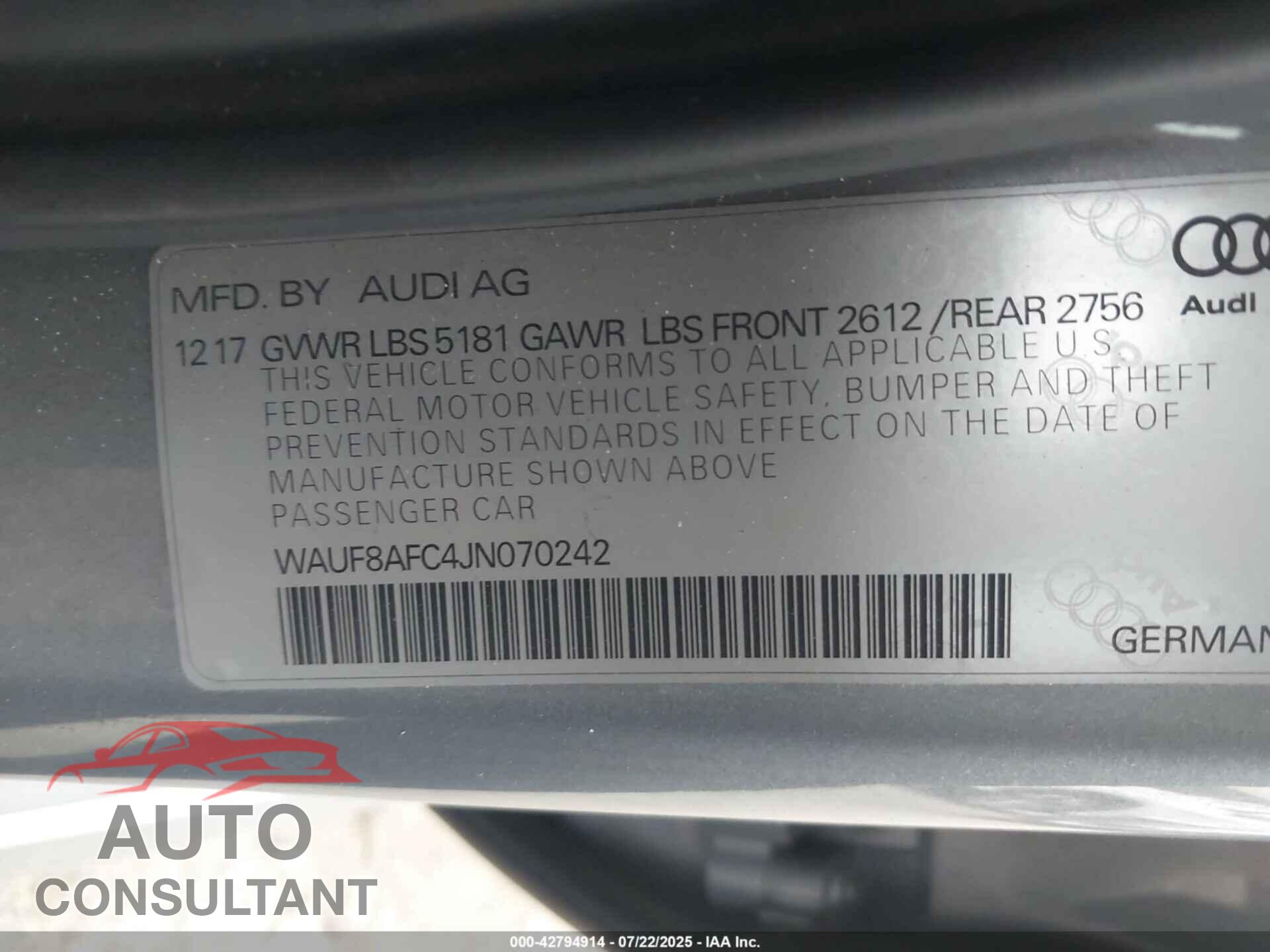 AUDI A6 2018 - WAUF8AFC4JN070242