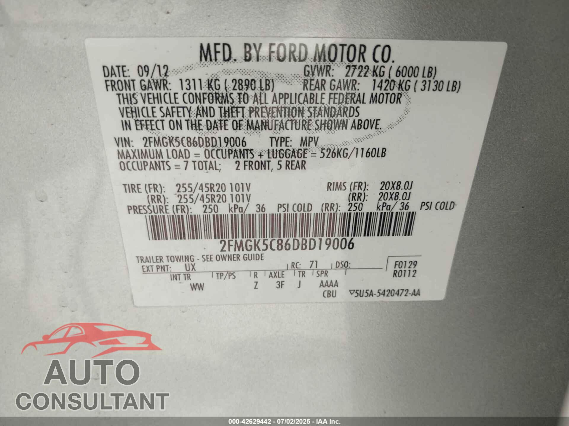 FORD FLEX 2013 - 2FMGK5C86DBD19006