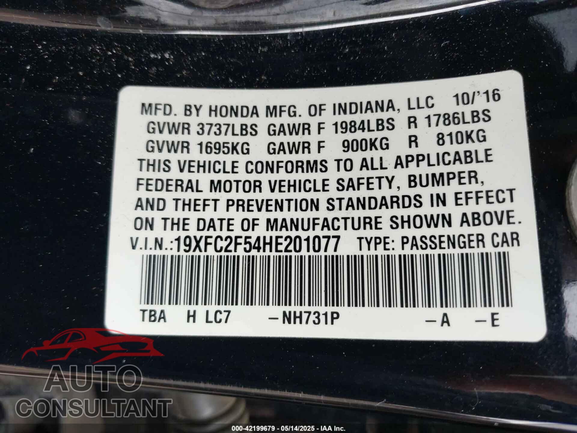 HONDA CIVIC 2017 - 19XFC2F54HE201077