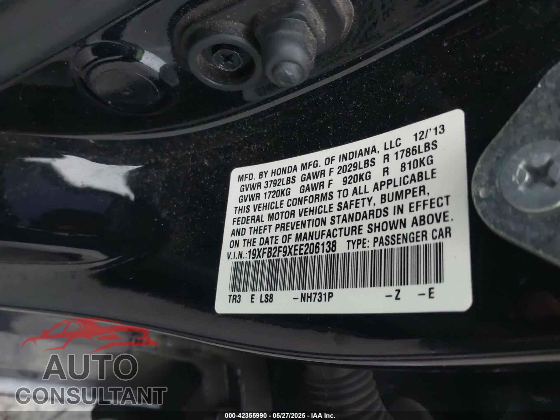HONDA CIVIC 2014 - 19XFB2F9XEE206138