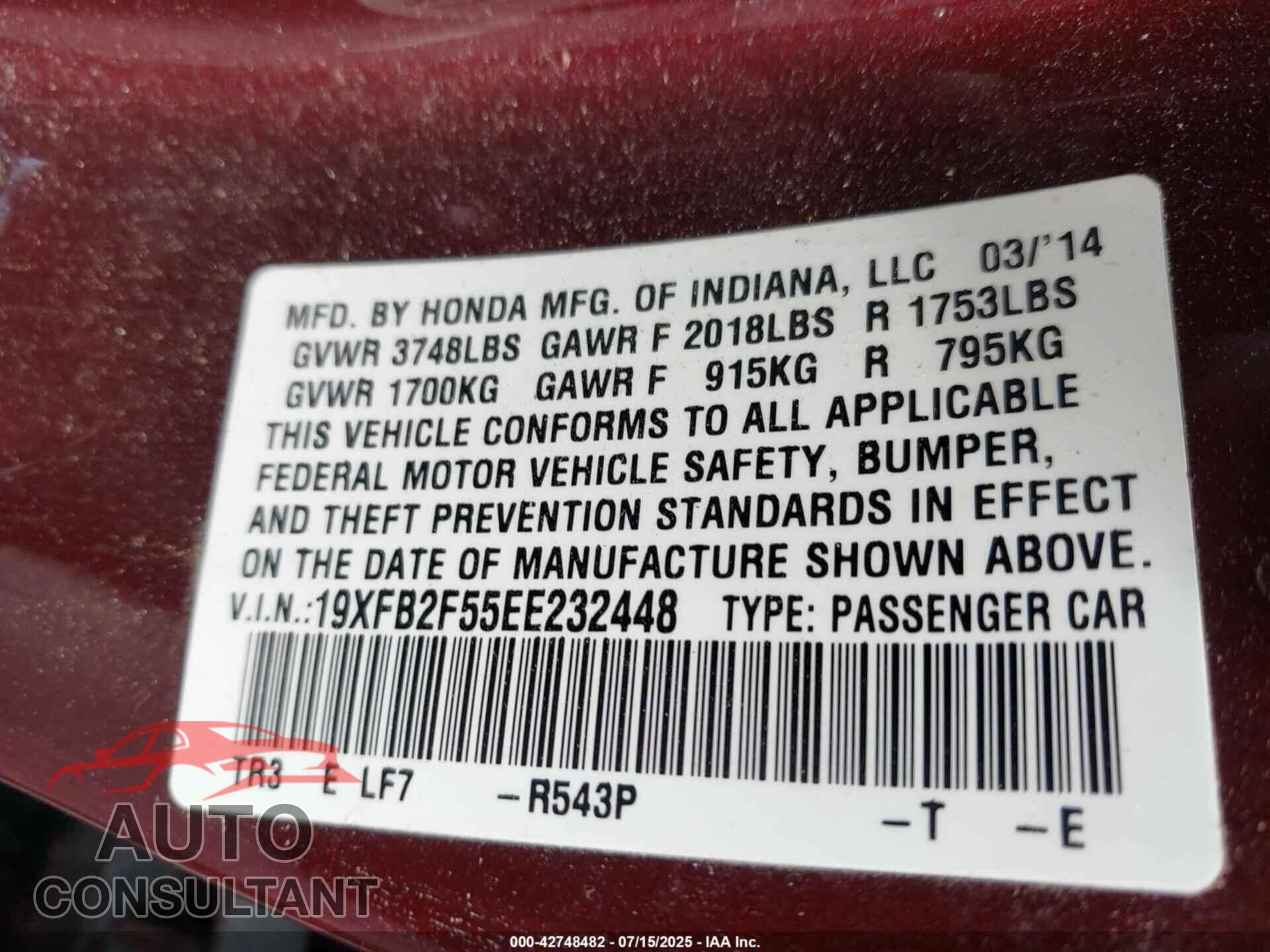 HONDA CIVIC 2014 - 19XFB2F55EE232448