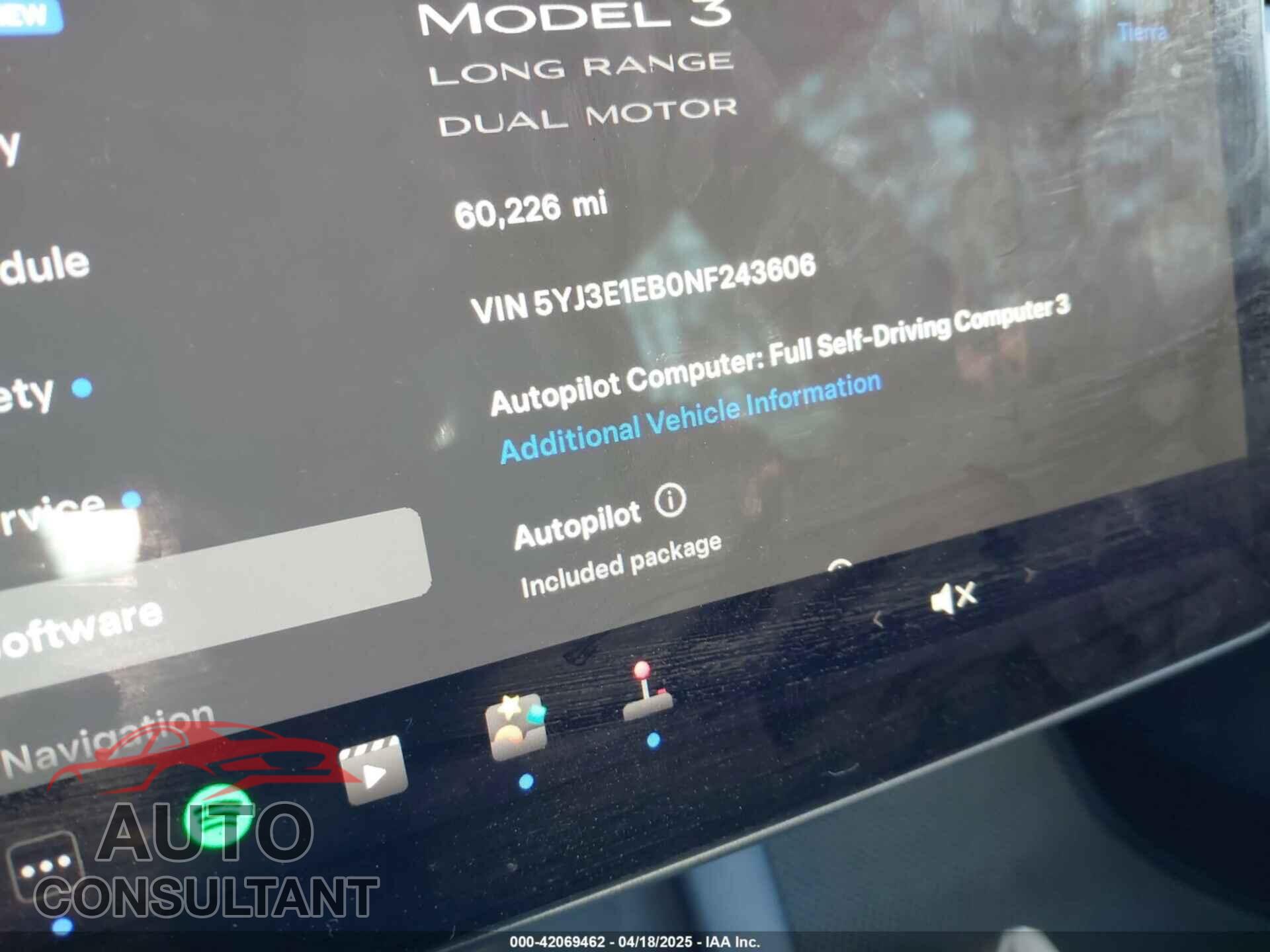 TESLA MODEL 3 2022 - 5YJ3E1EB0NF243606