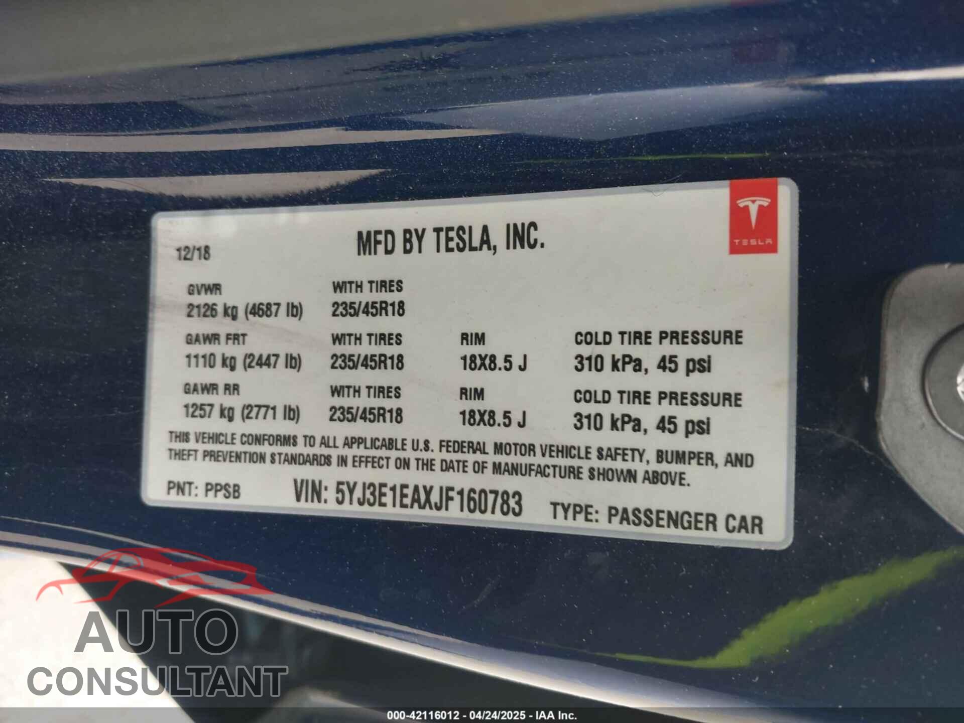 TESLA MODEL 3 2018 - 5YJ3E1EAXJF160783
