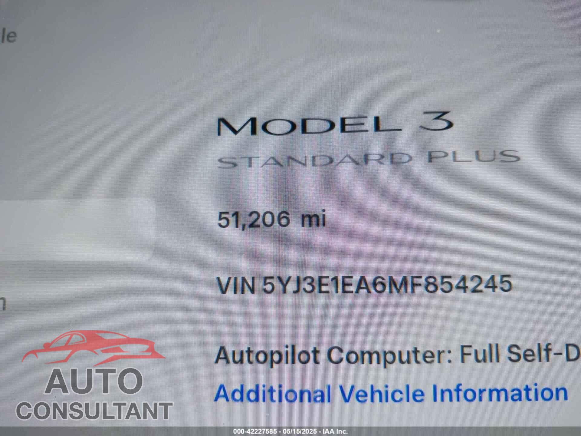 TESLA MODEL 3 2021 - 5YJ3E1EA6MF854245