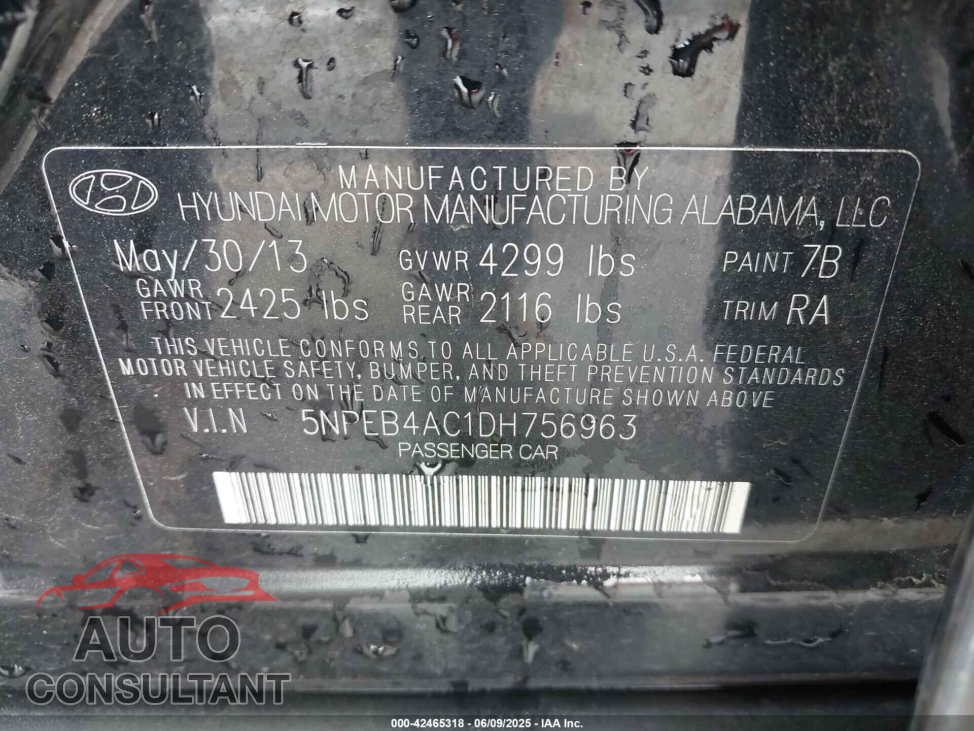 HYUNDAI SONATA 2013 - 5NPEB4AC1DH756963