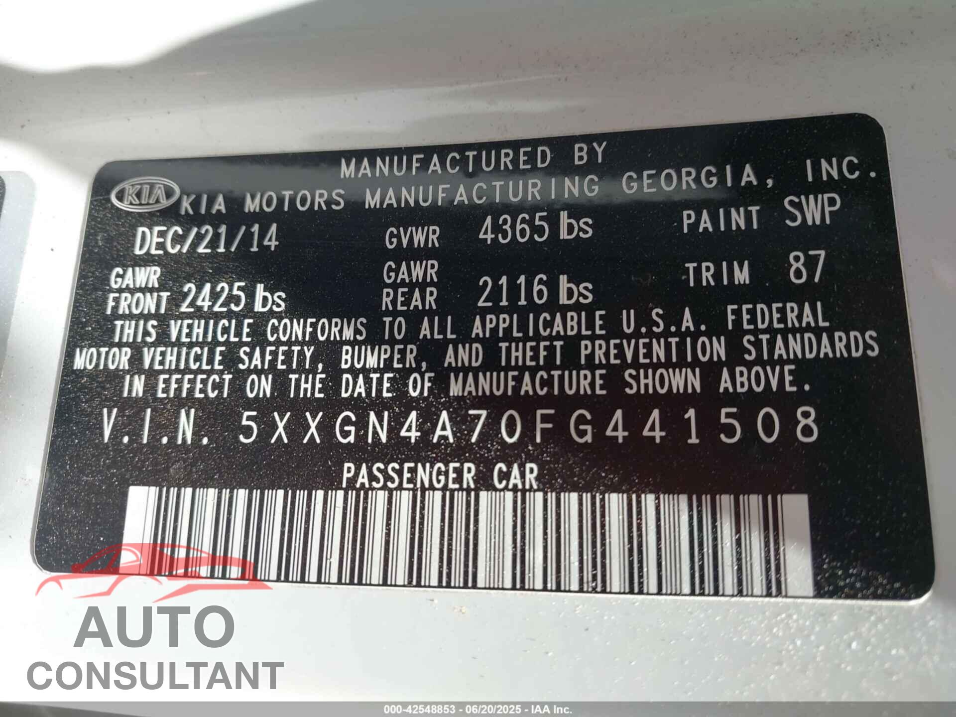 KIA OPTIMA 2015 - 5XXGN4A70FG441508