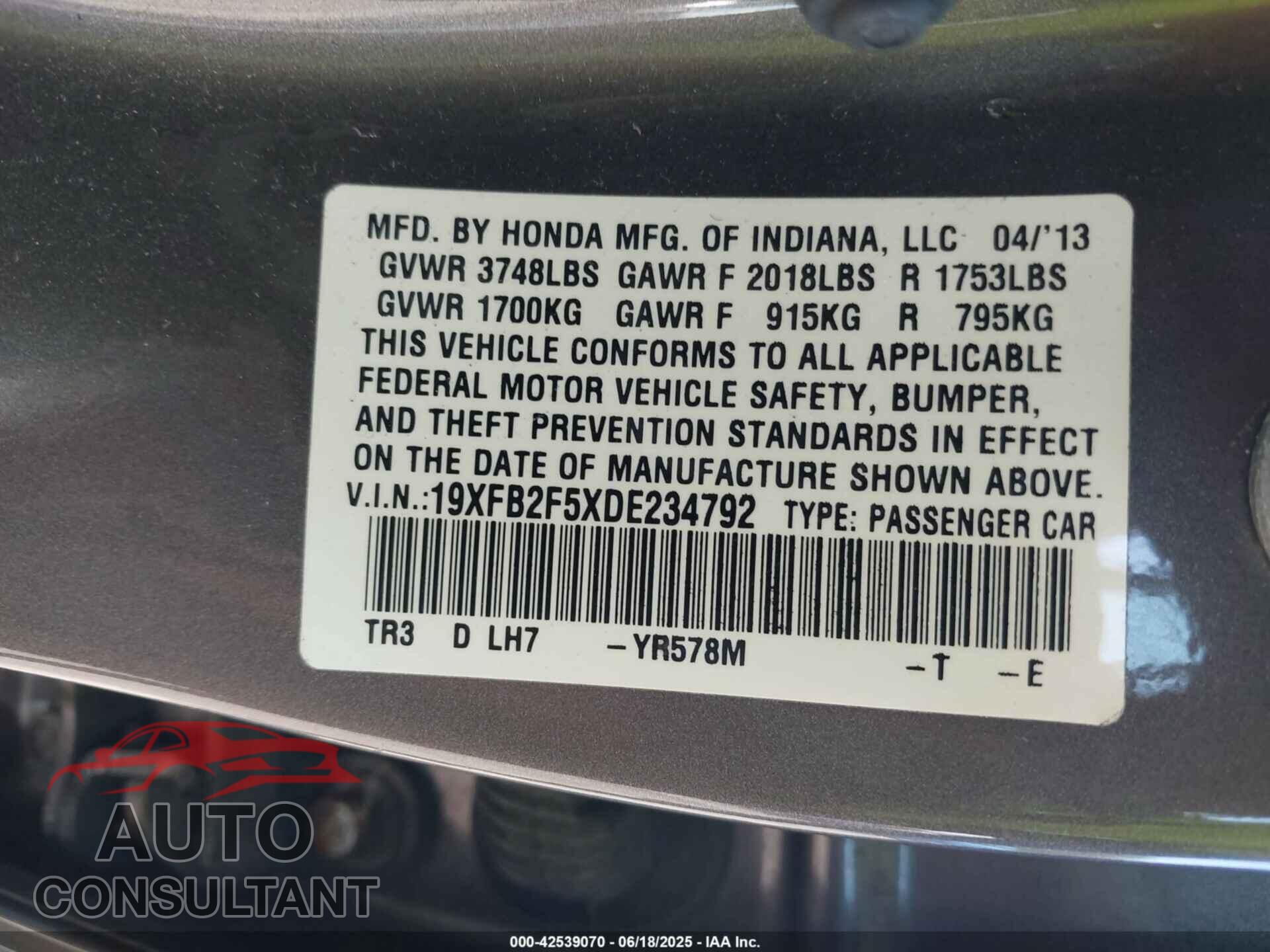 HONDA CIVIC 2013 - 19XFB2F5XDE234792
