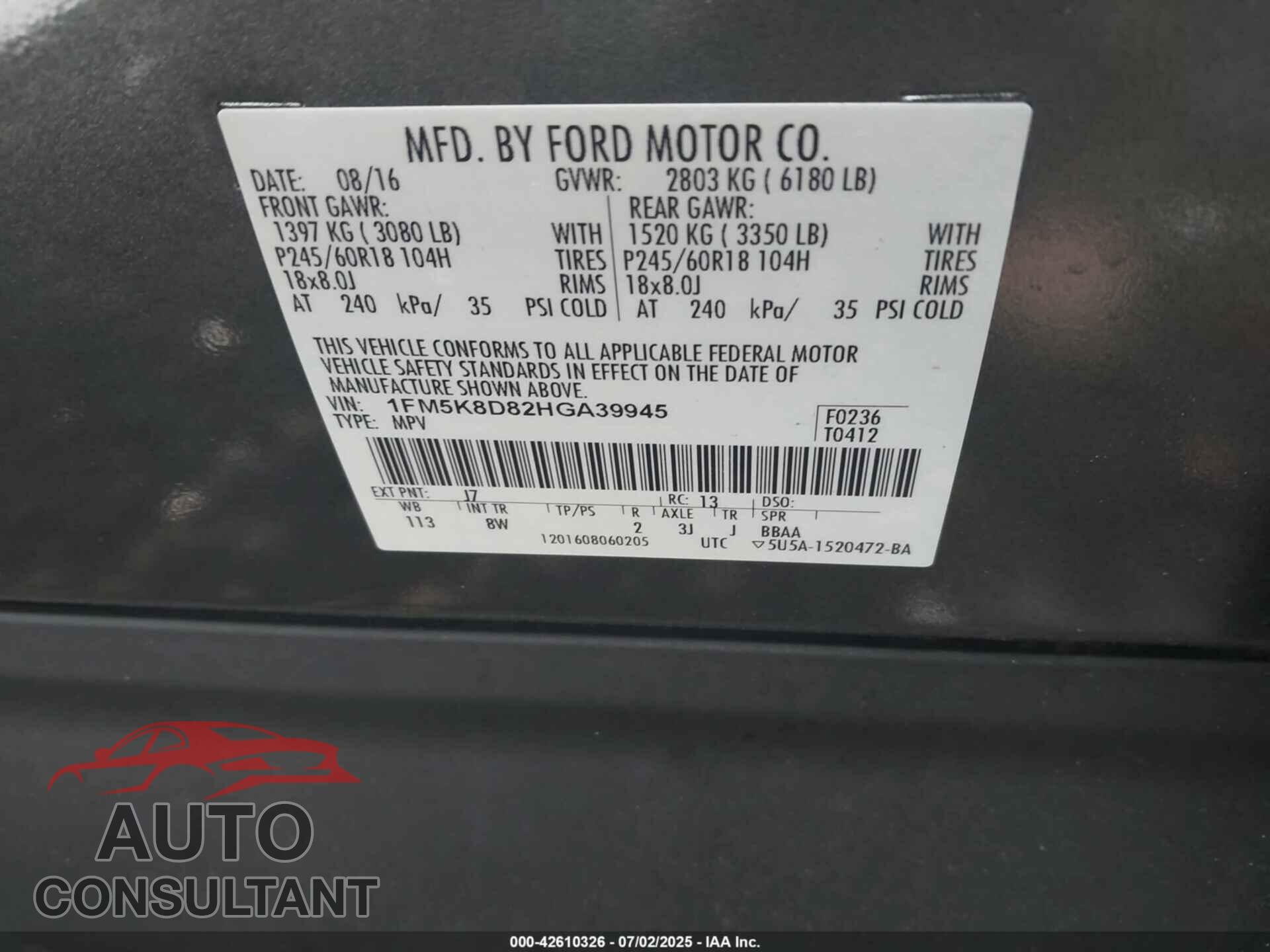FORD EXPLORER 2017 - 1FM5K8D82HGA39945