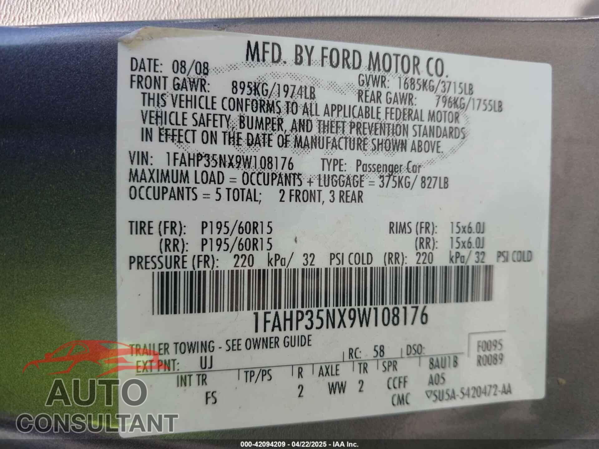 FORD FOCUS 2009 - 1FAHP35NX9W108176