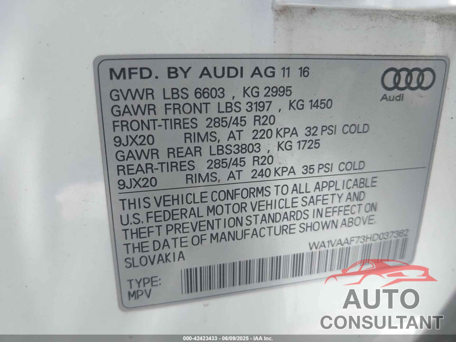 AUDI Q7 2017 - WA1VAAF73HD037362