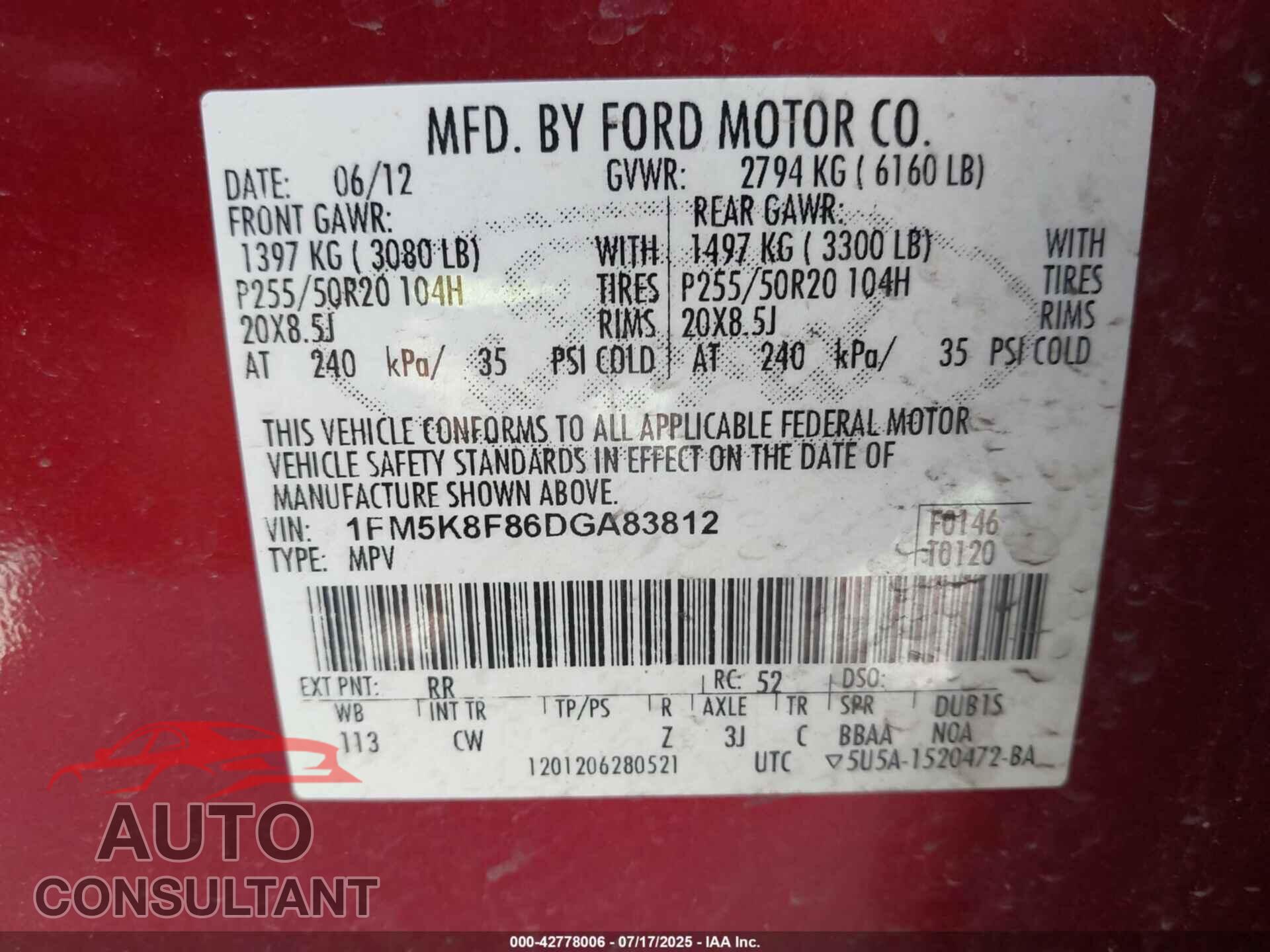 FORD EXPLORER 2013 - 1FM5K8F86DGA83812