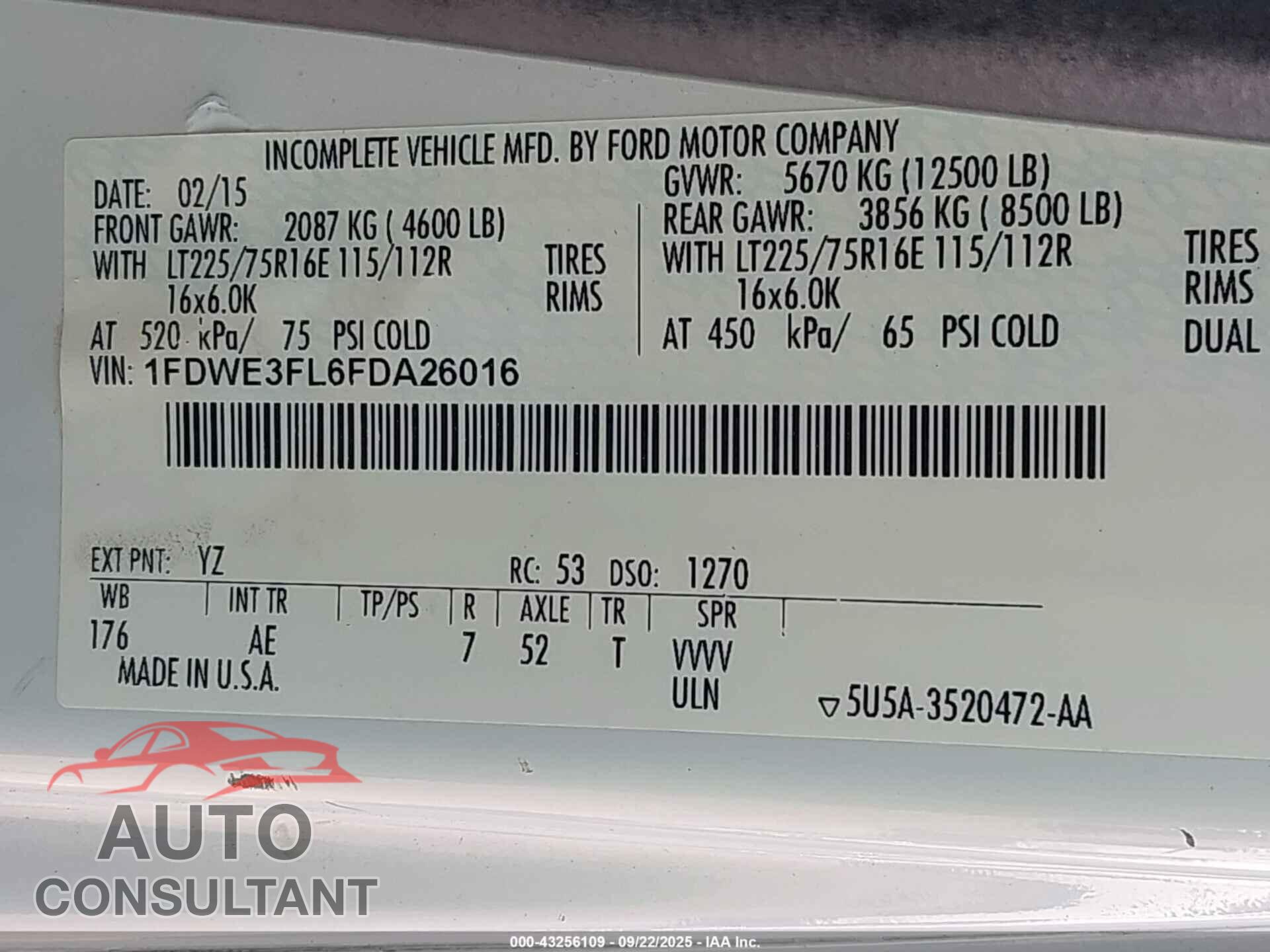 FORD E-350 CUTAWAY 2015 - 1FDWE3FL6FDA26016
