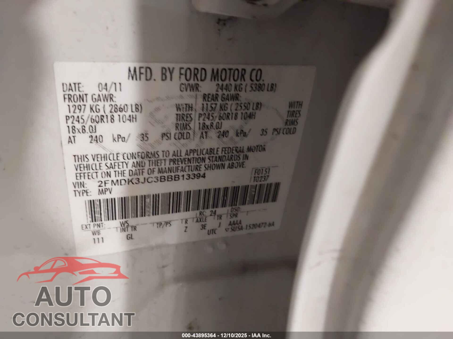 FORD EDGE 2011 - 2FMDK3JC3BBB13394