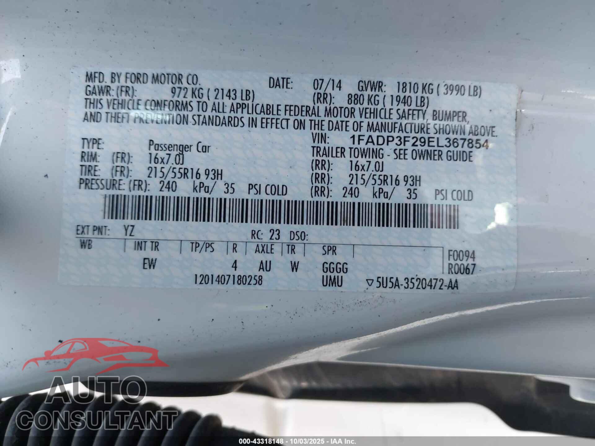 FORD FOCUS 2014 - 1FADP3F29EL367854