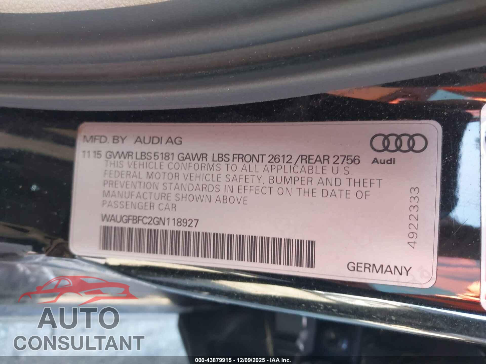 AUDI A6 2016 - WAUGFBFC2GN118927