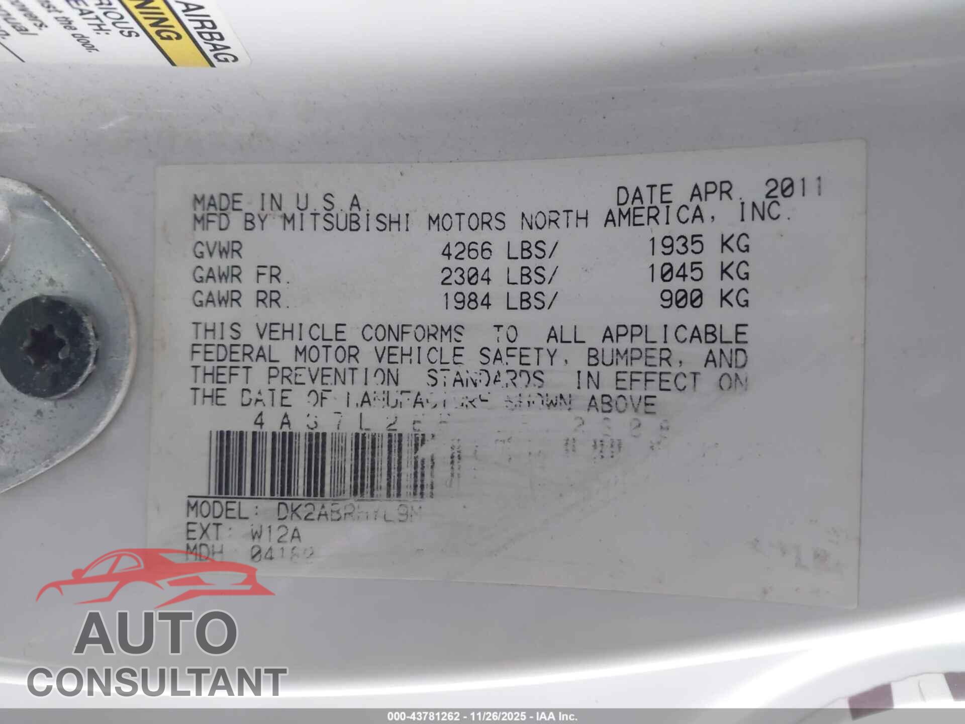 MITSUBISHI ECLIPSE SPYDER 2012 - 4A37L2EF1CE003086