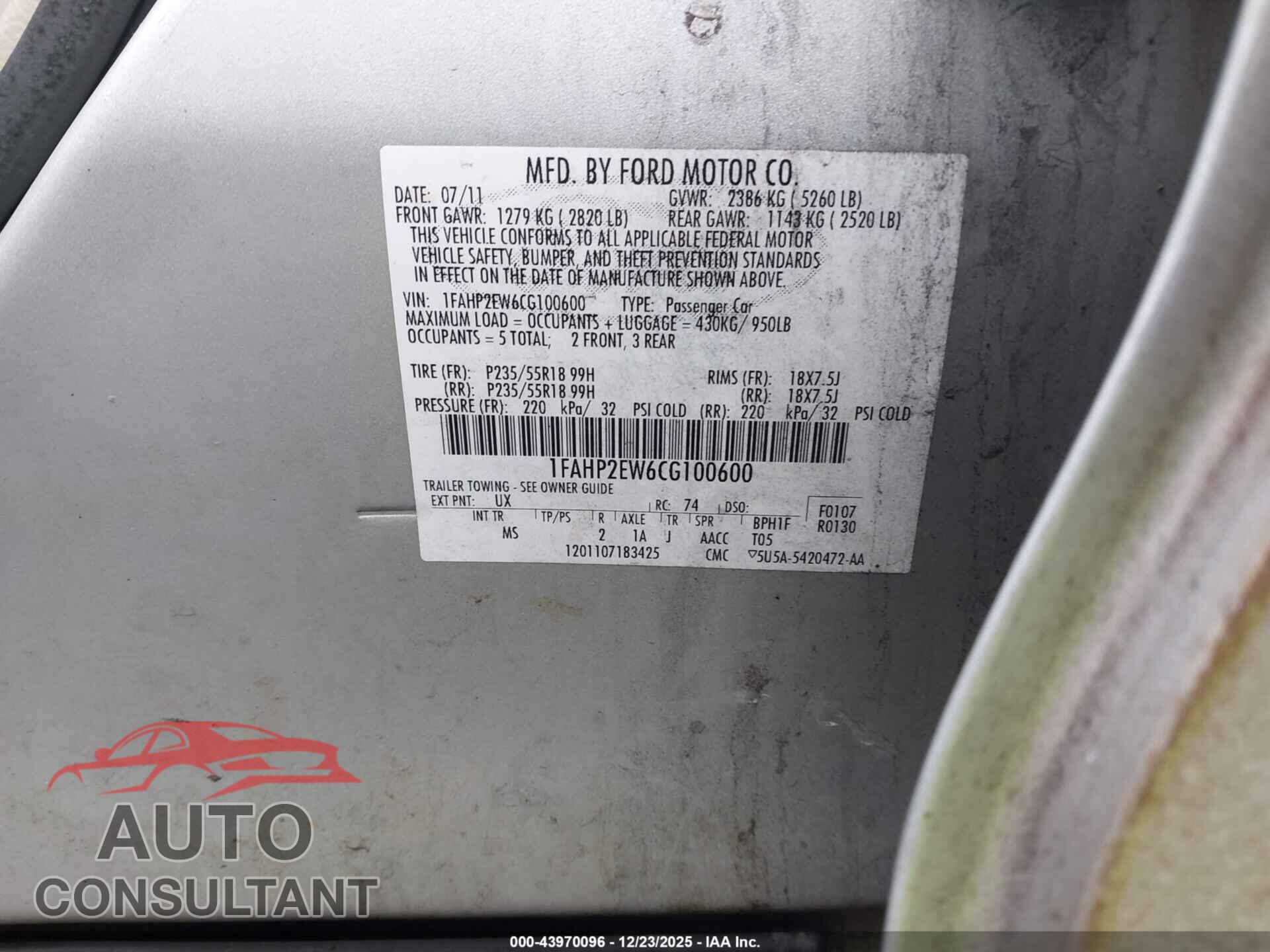 FORD TAURUS 2012 - 1FAHP2EW6CG100600