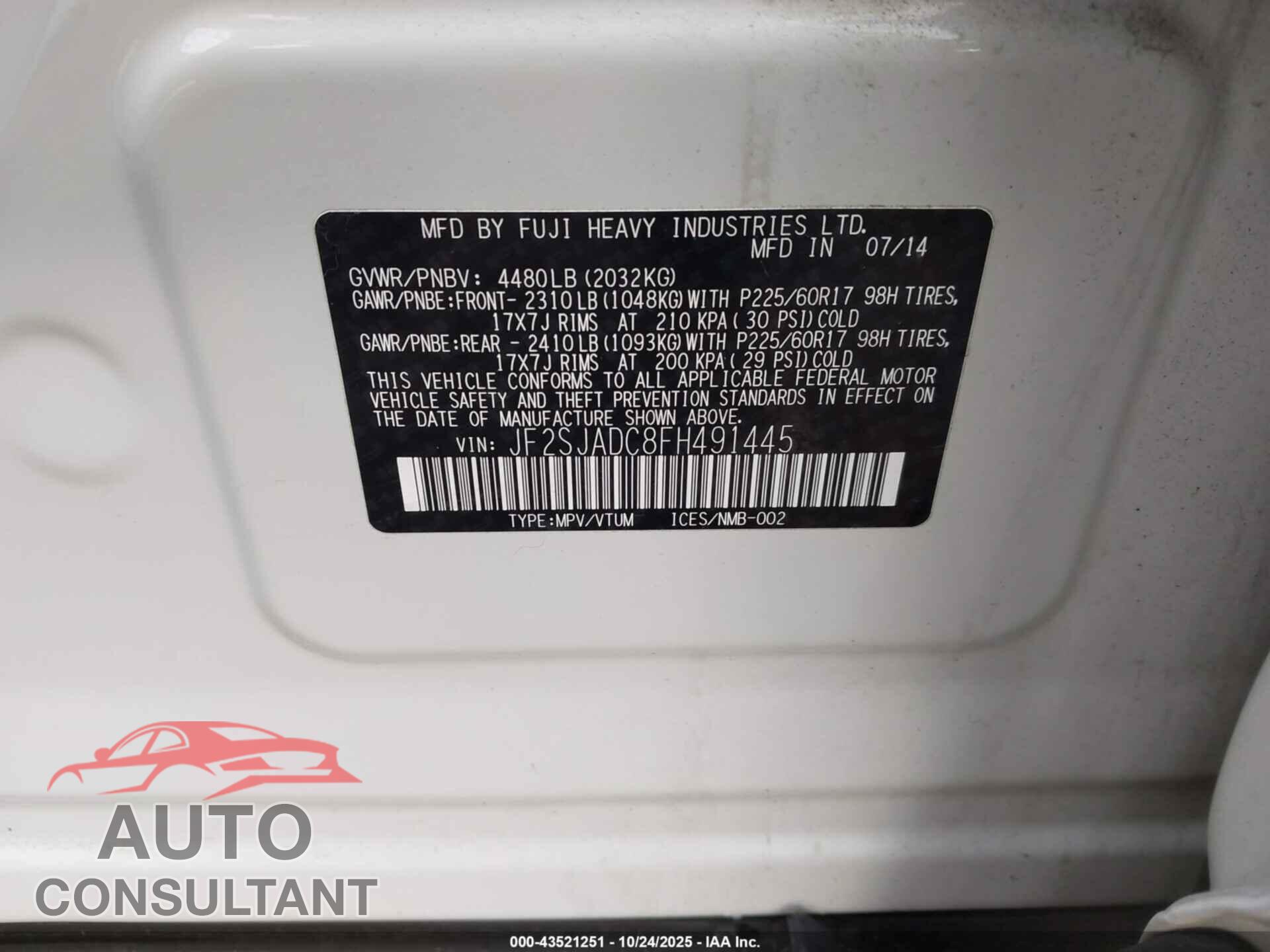 SUBARU FORESTER 2015 - JF2SJADC8FH491445