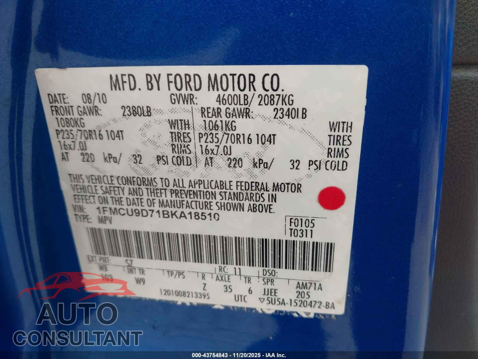 FORD ESCAPE 2011 - 1FMCU9D71BKA18510