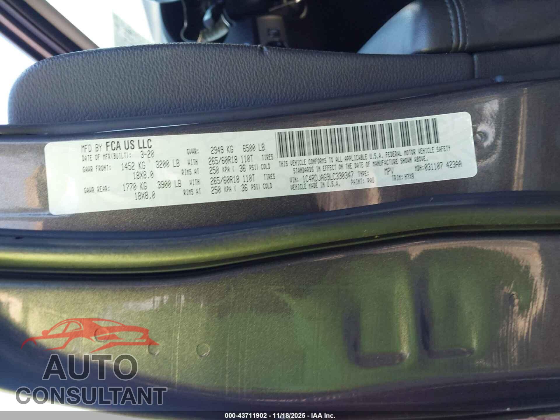 DODGE DURANGO 2020 - 1C4RDJAG9LC330347