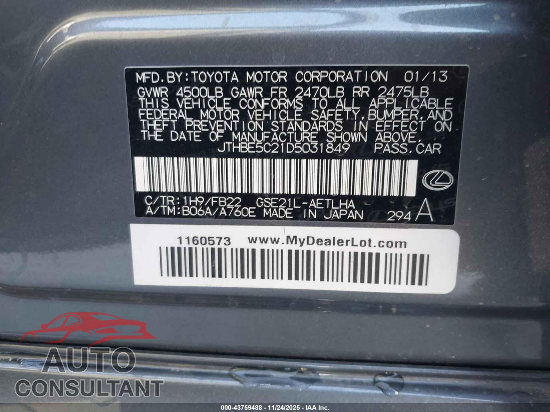 LEXUS IS 350 2013 - JTHBE5C21D5031849