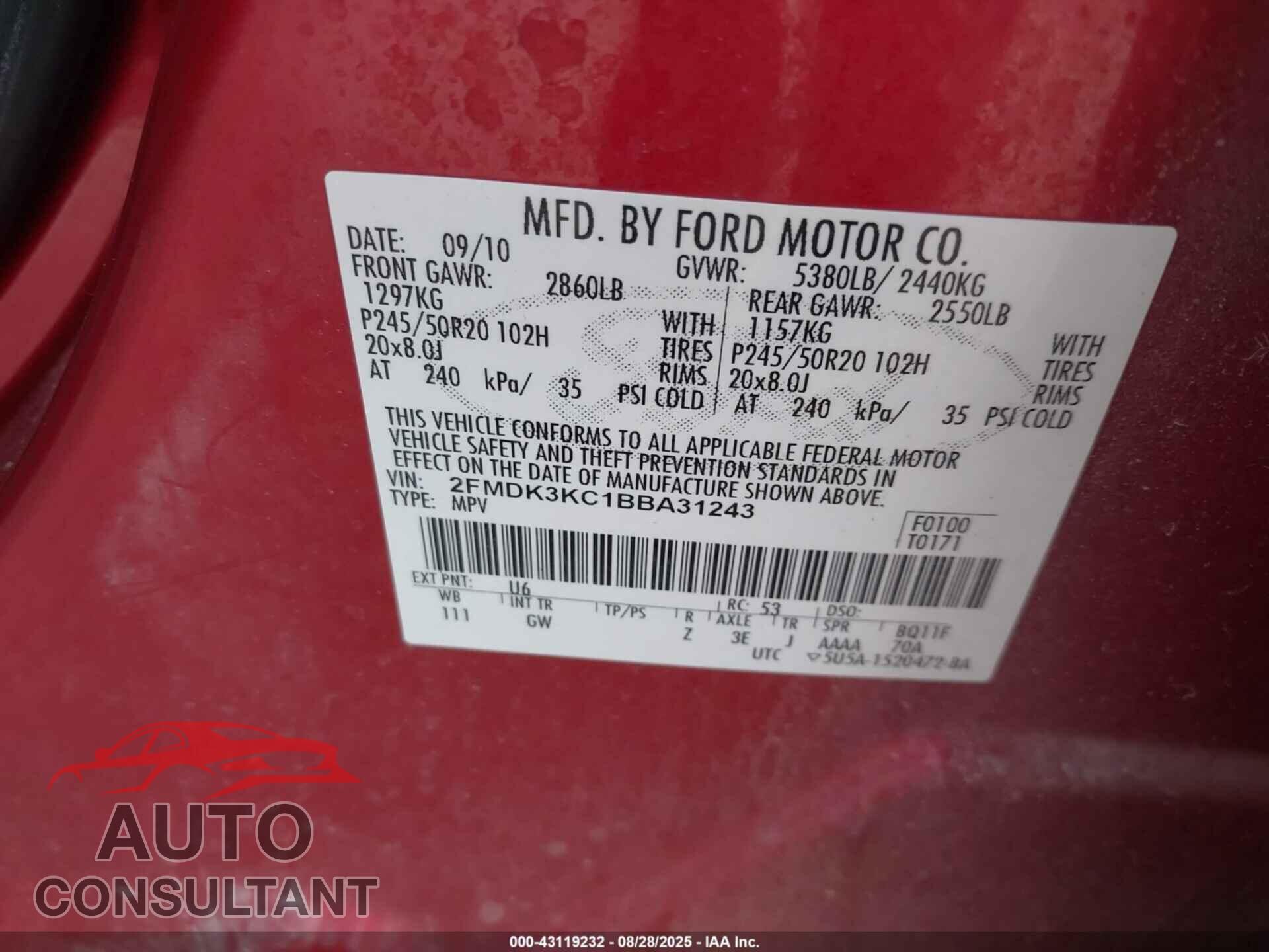 FORD EDGE 2011 - 2FMDK3KC1BBA31243