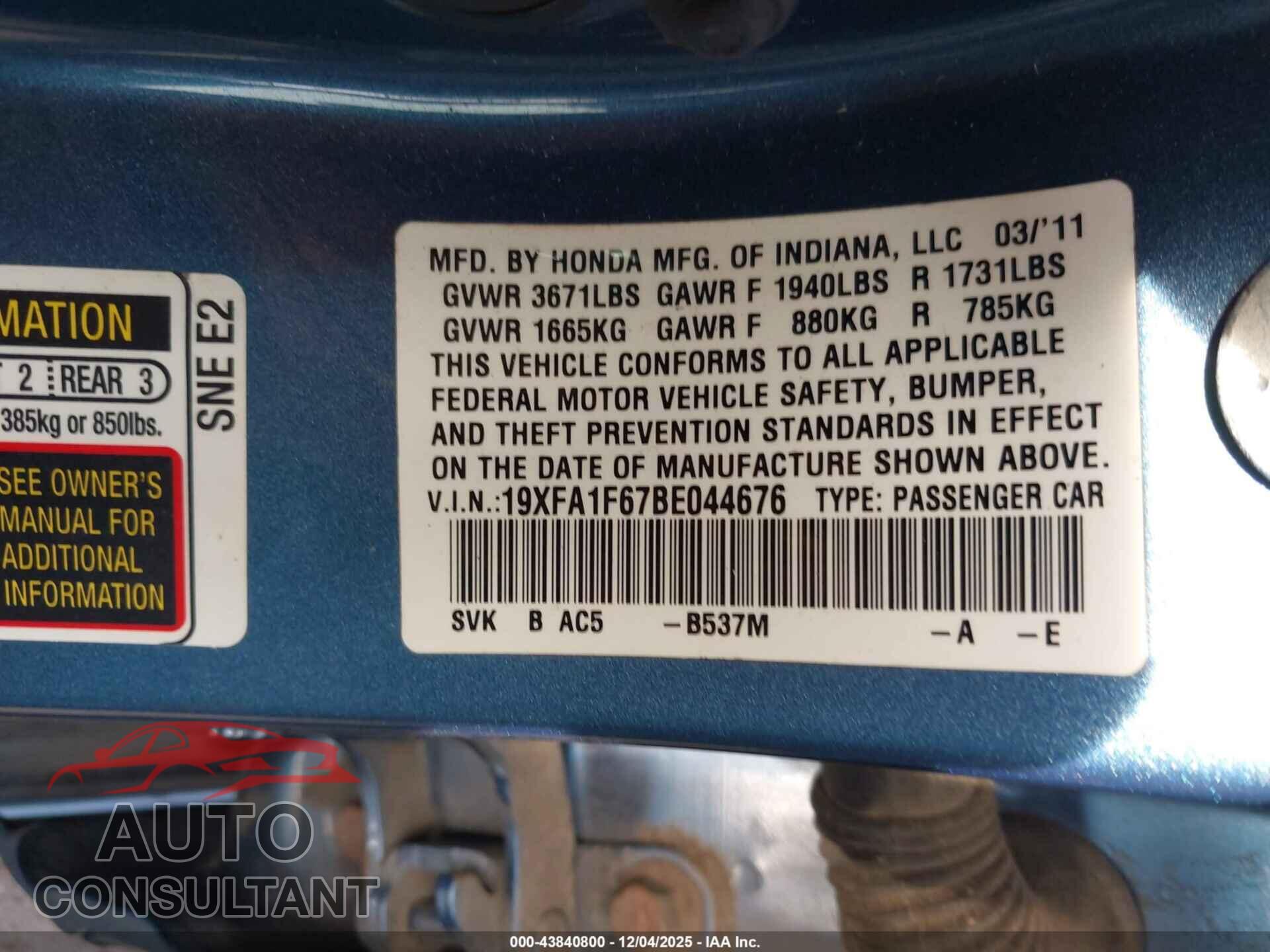 HONDA CIVIC 2011 - 19XFA1F67BE044676