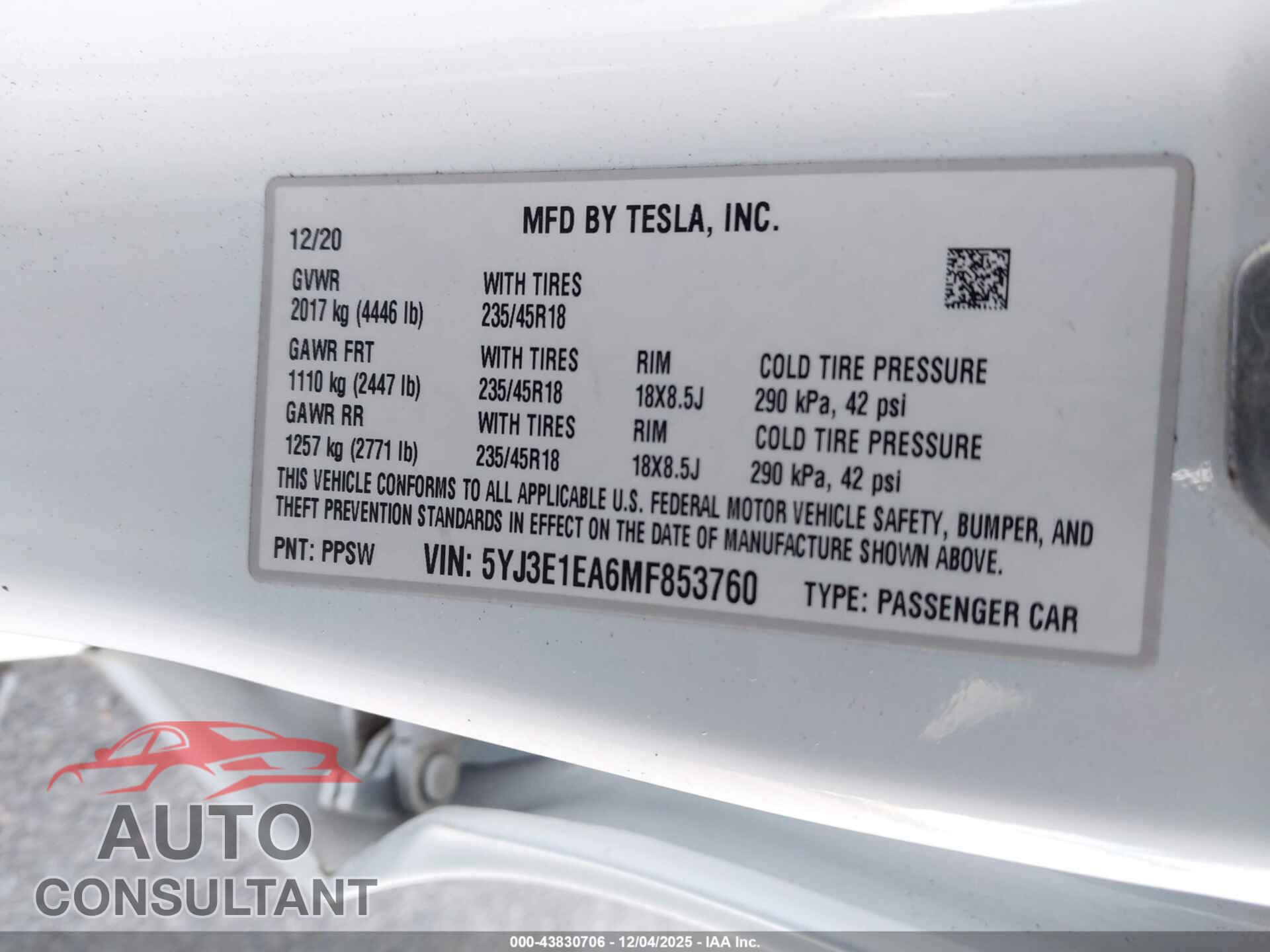 TESLA MODEL 3 2021 - 5YJ3E1EA6MF853760