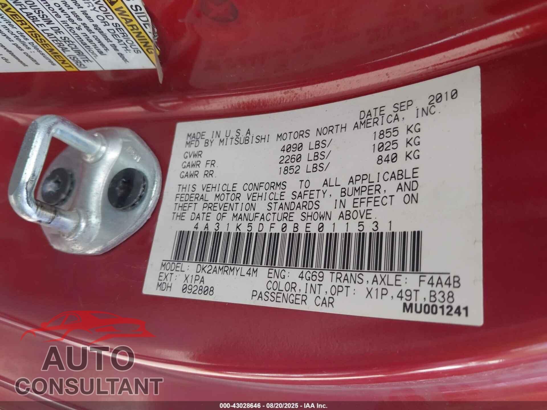 MITSUBISHI ECLIPSE 2011 - 4A31K5DF0BE011531