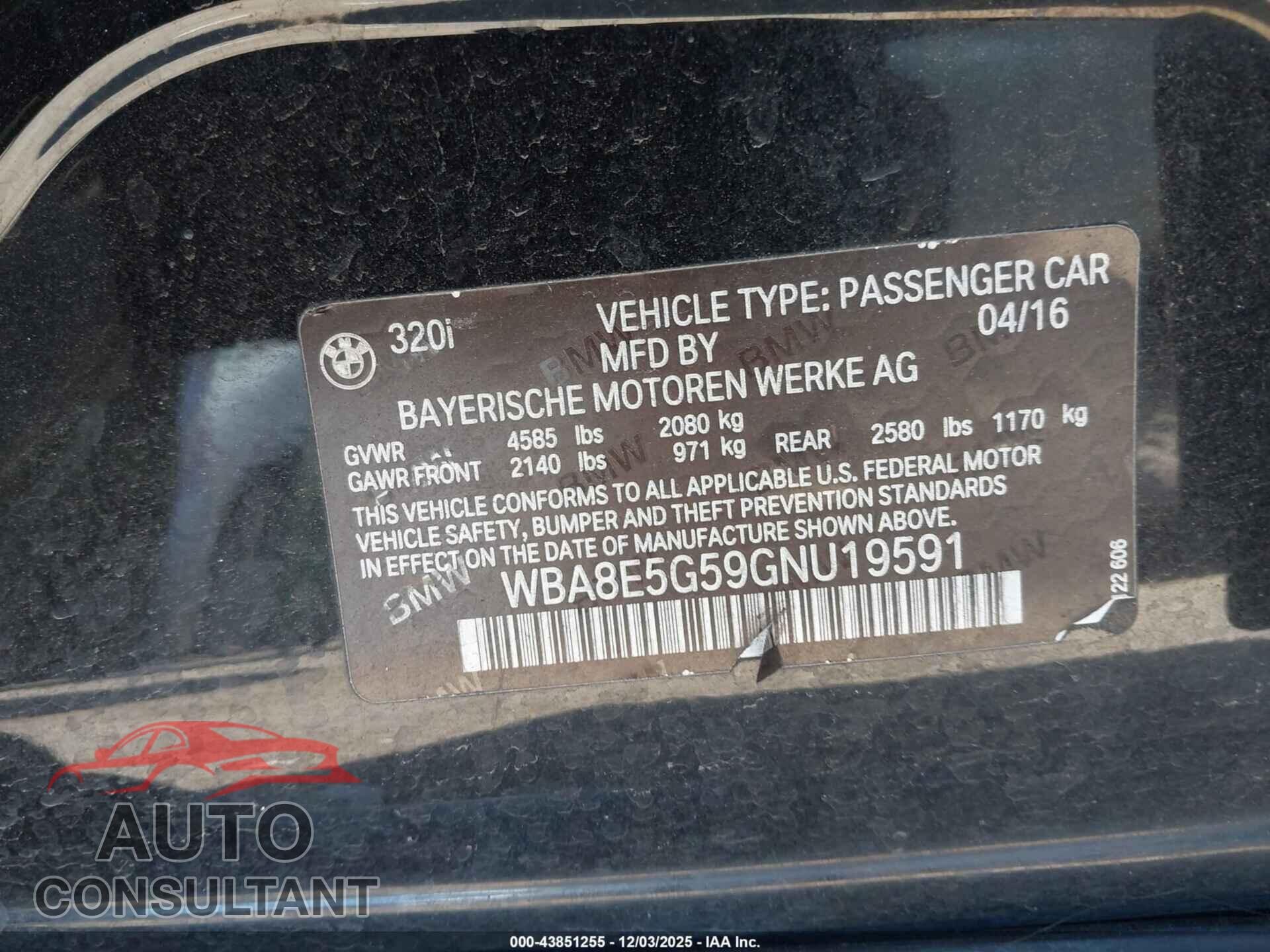 BMW 320I 2016 - WBA8E5G59GNU19591