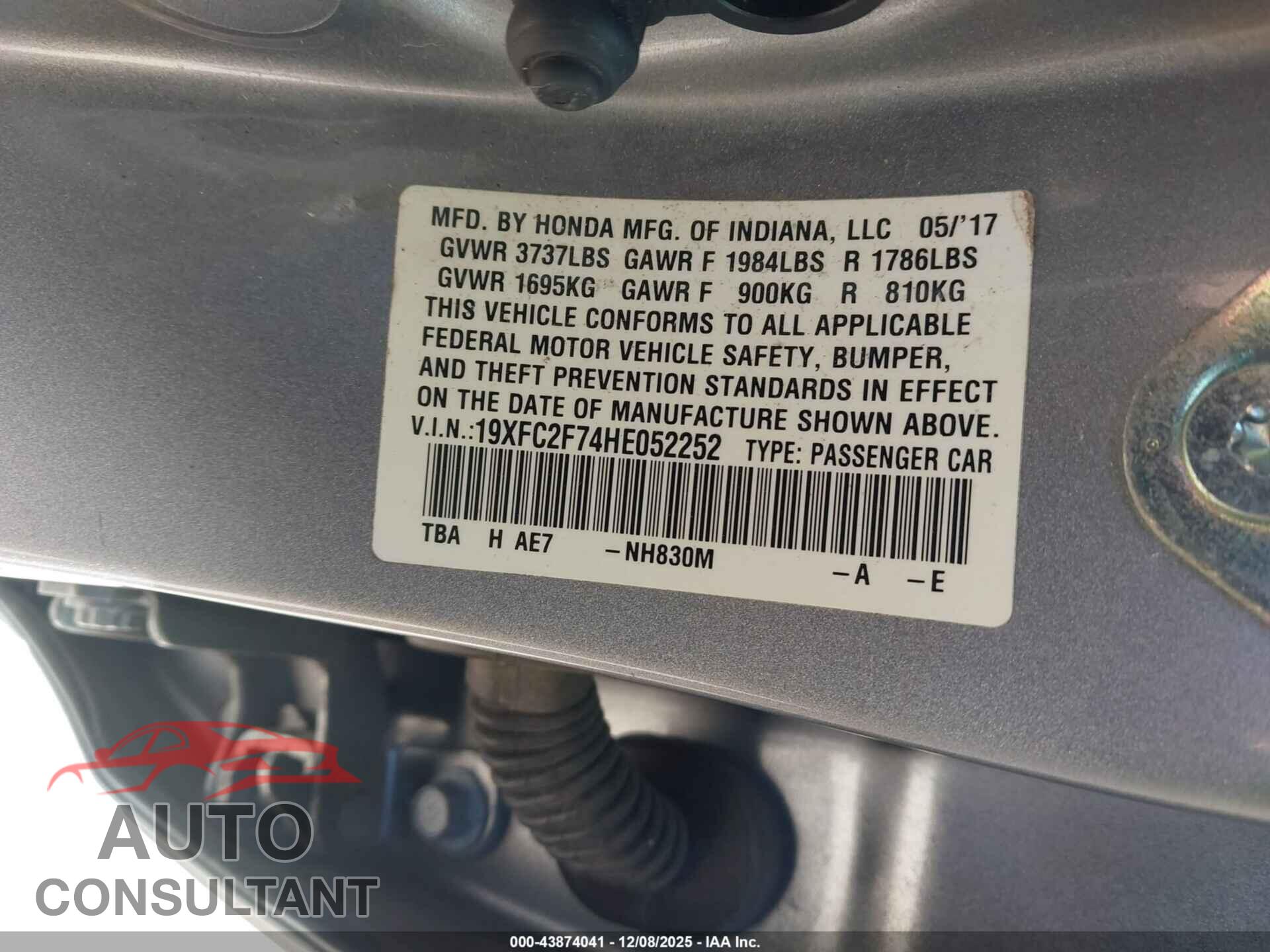 HONDA CIVIC 2017 - 19XFC2F74HE052252