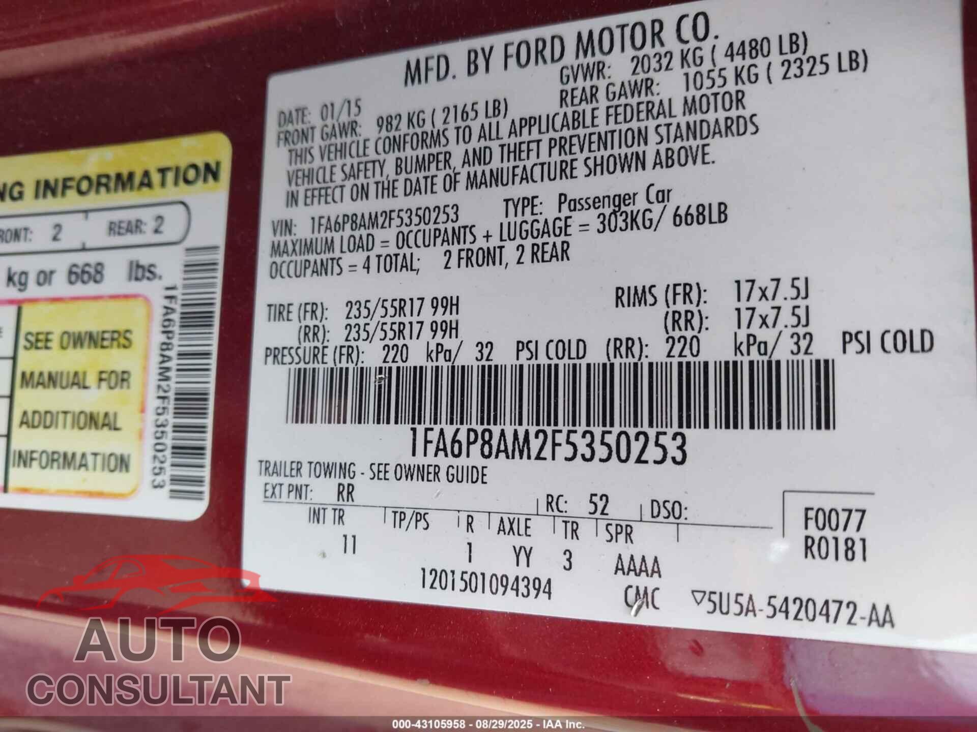 FORD MUSTANG 2015 - 1FA6P8AM2F5350253