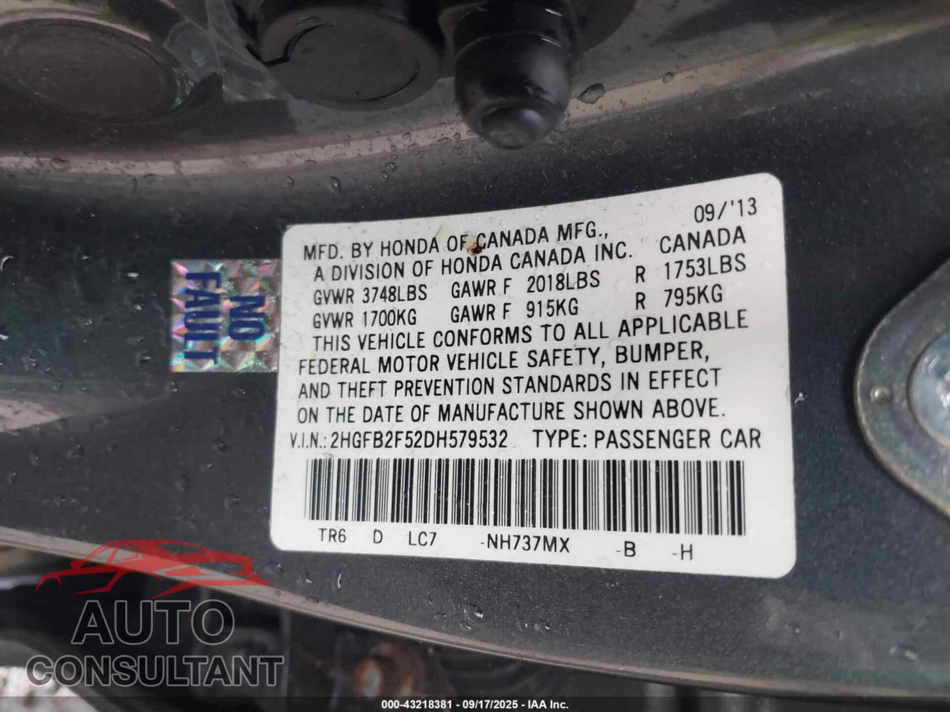 HONDA CIVIC 2013 - 2HGFB2F52DH579532