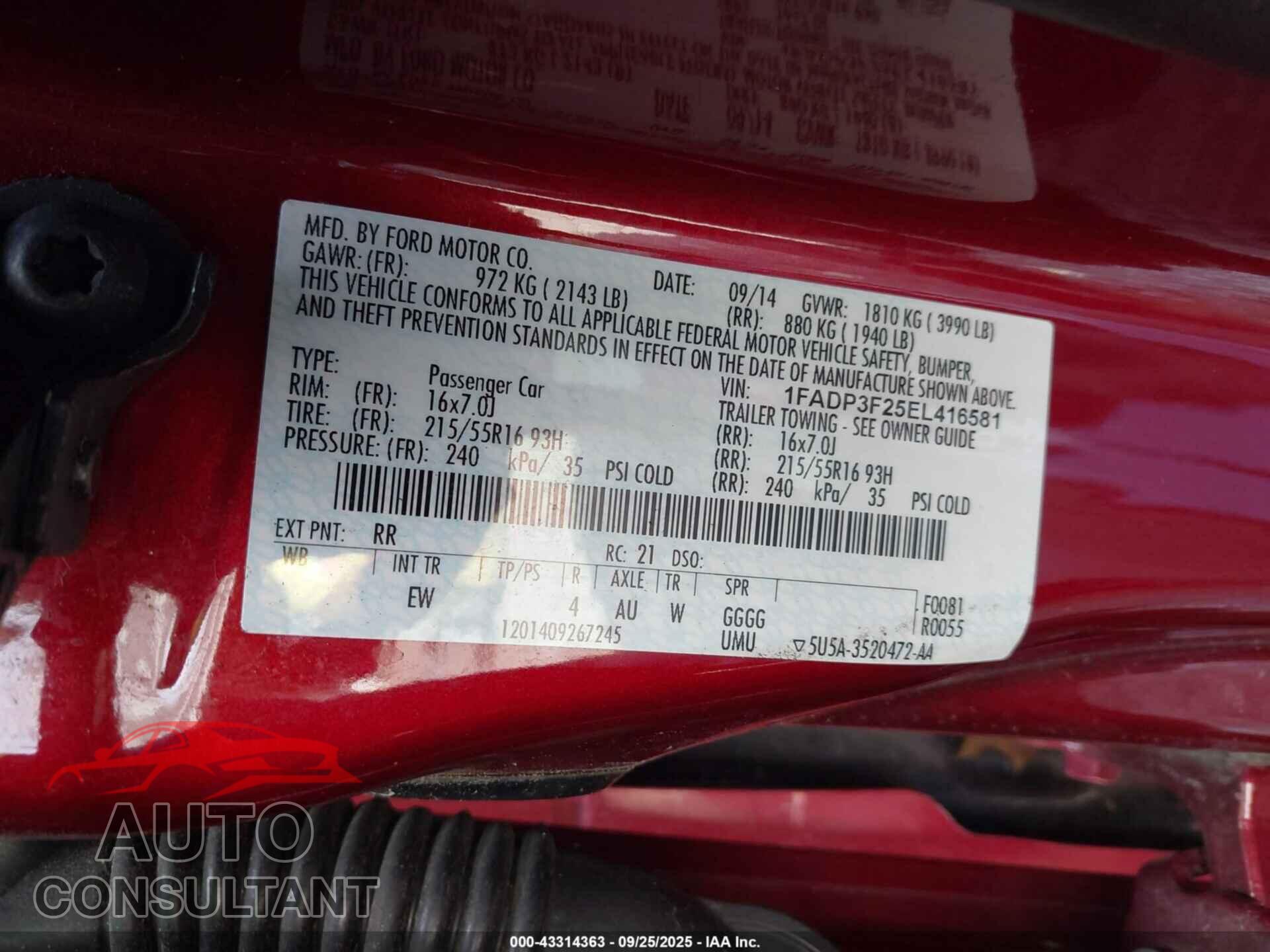 FORD FOCUS 2014 - 1FADP3F25EL416581