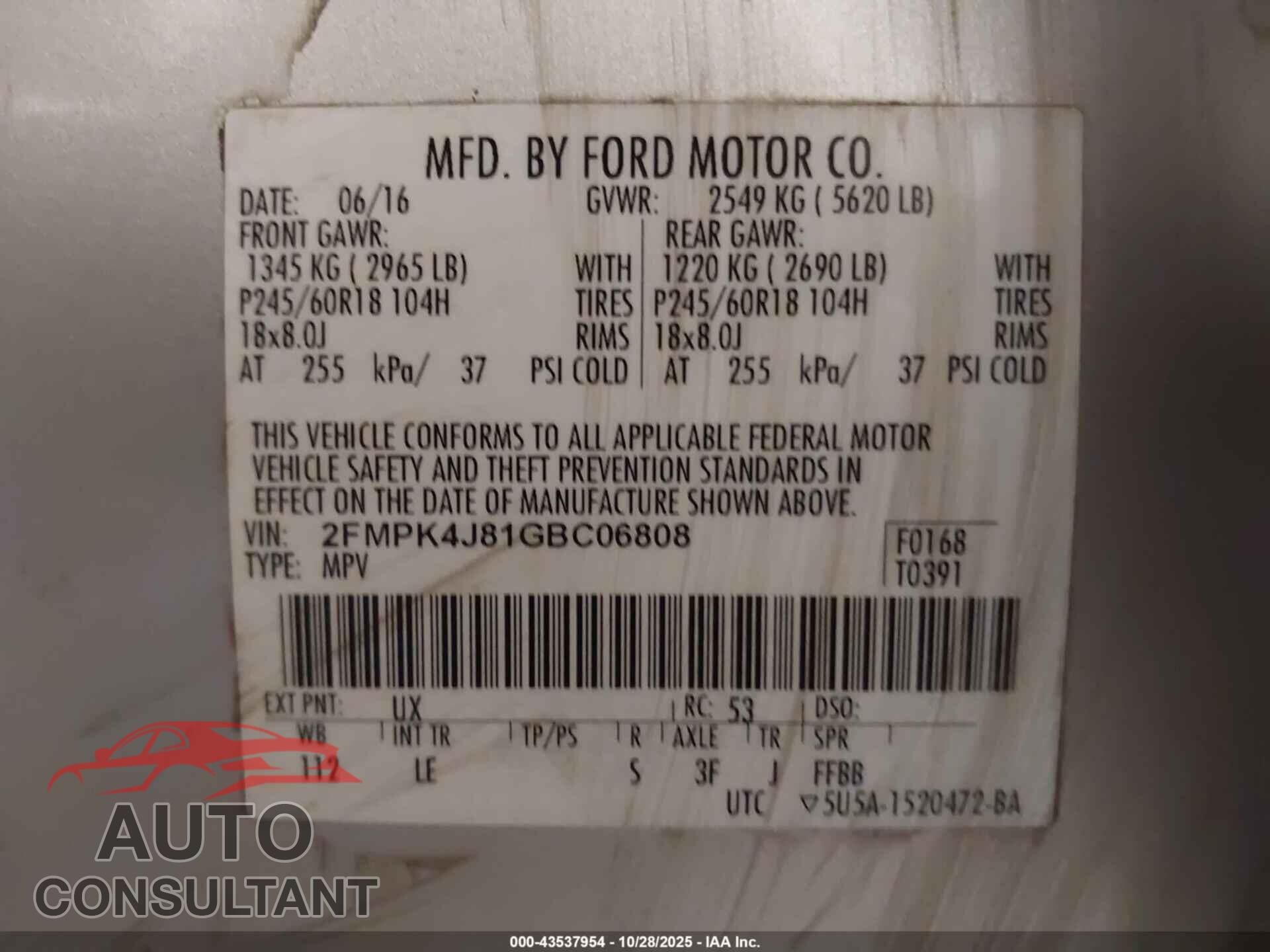 FORD EDGE 2016 - 2FMPK4J81GBC06808