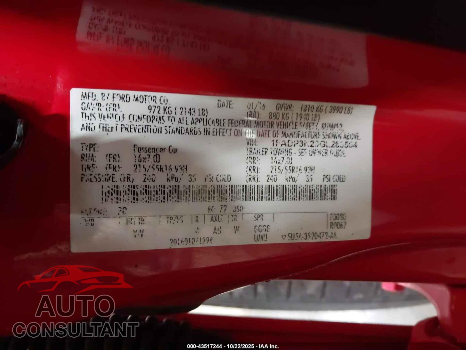 FORD FOCUS 2016 - 1FADP3K29GL263504