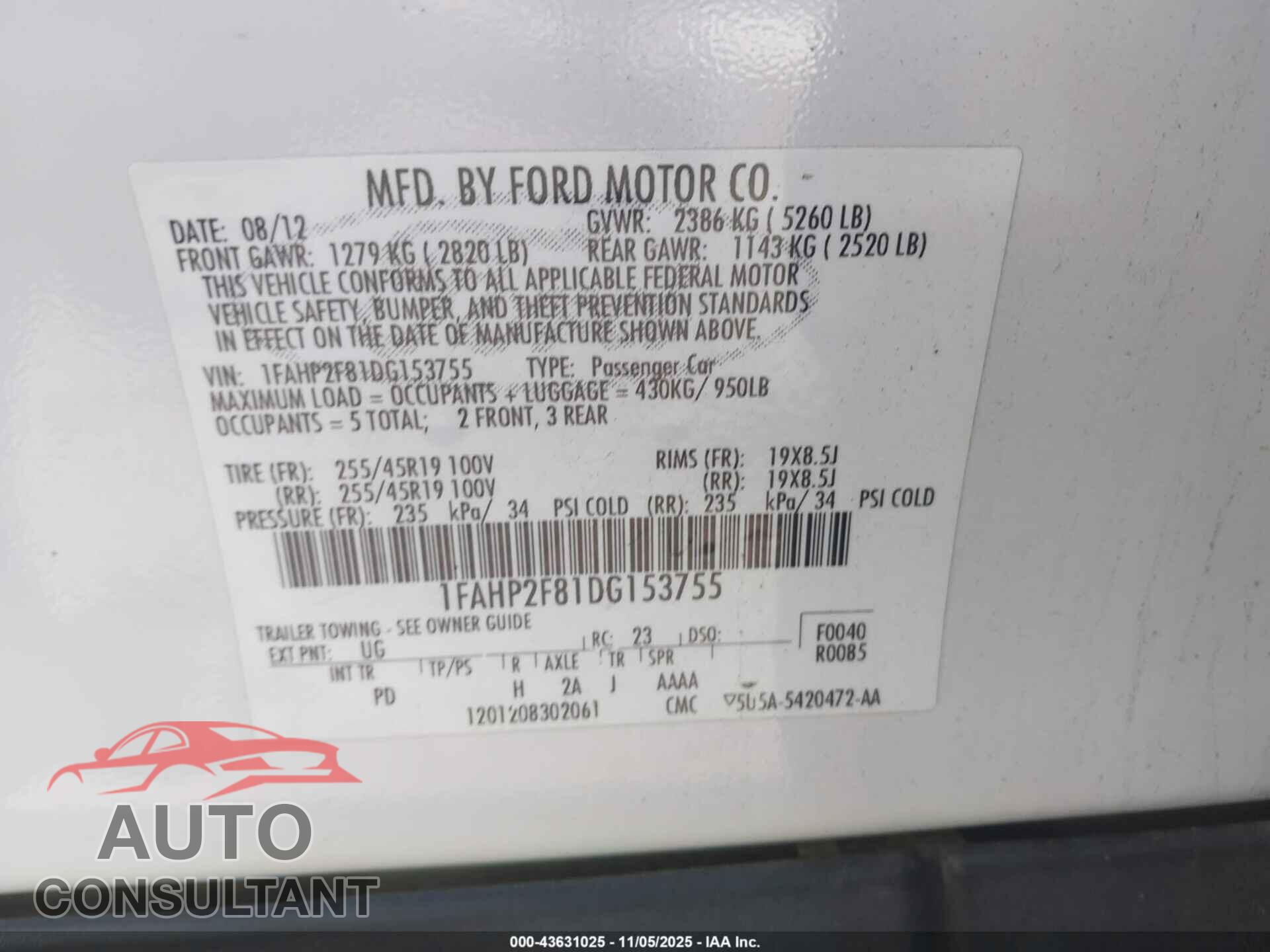 FORD TAURUS 2013 - 1FAHP2F81DG153755