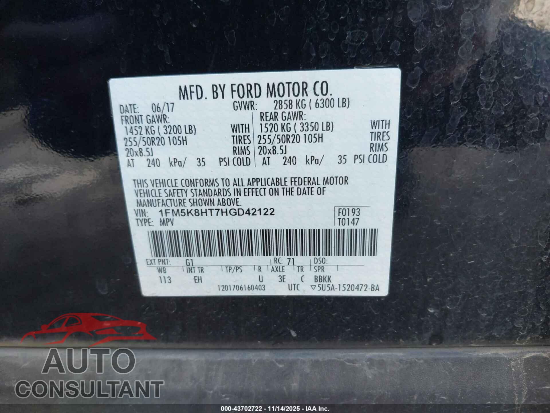 FORD EXPLORER 2017 - 1FM5K8HT7HGD42122