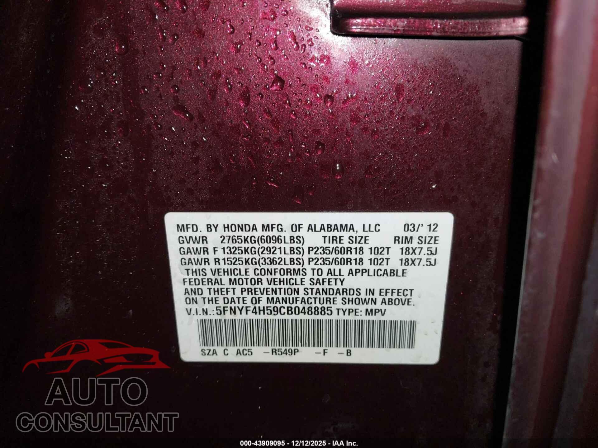 HONDA PILOT 2012 - 5FNYF4H59CB048885