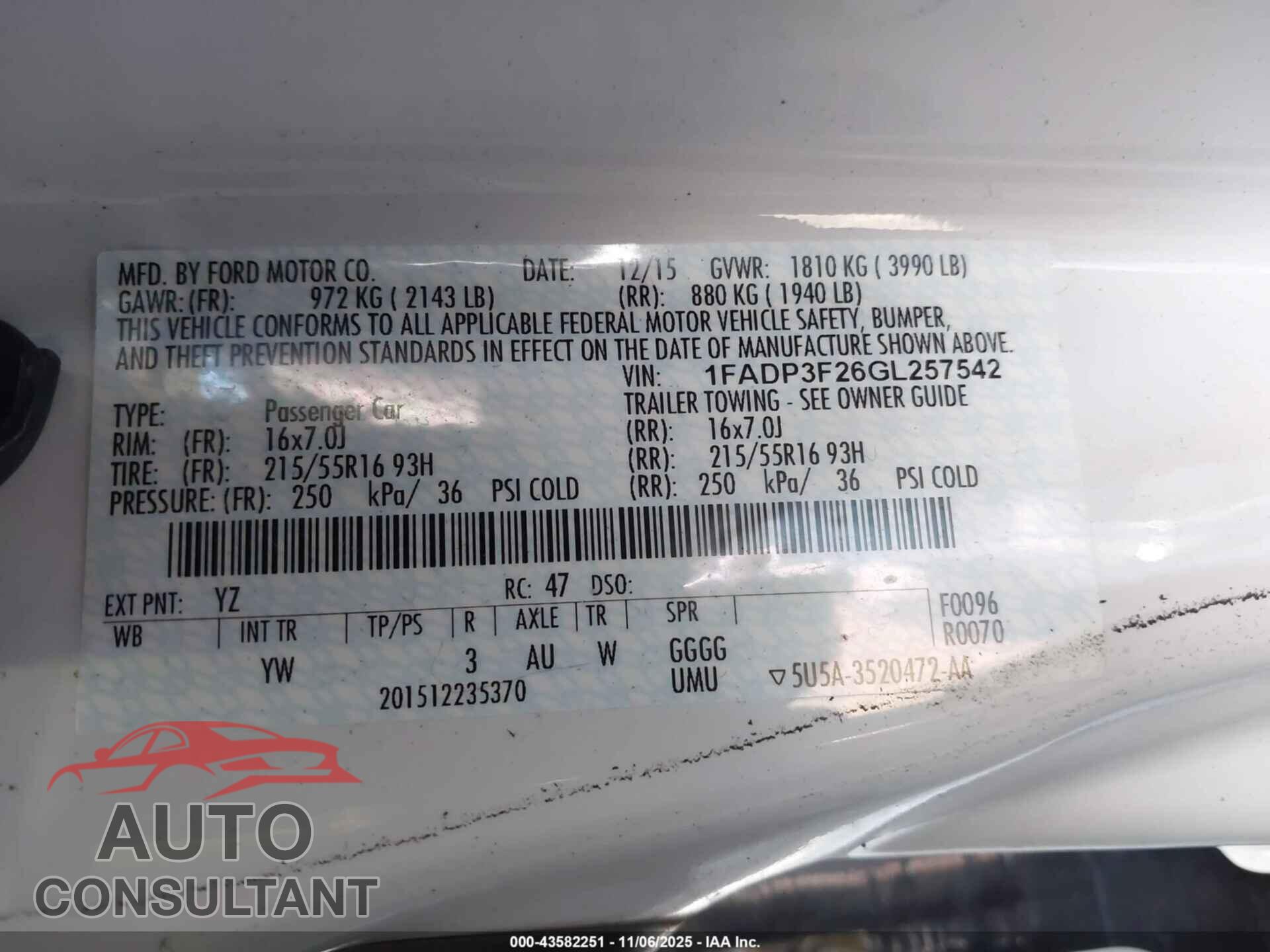 FORD FOCUS 2016 - 1FADP3F26GL257542