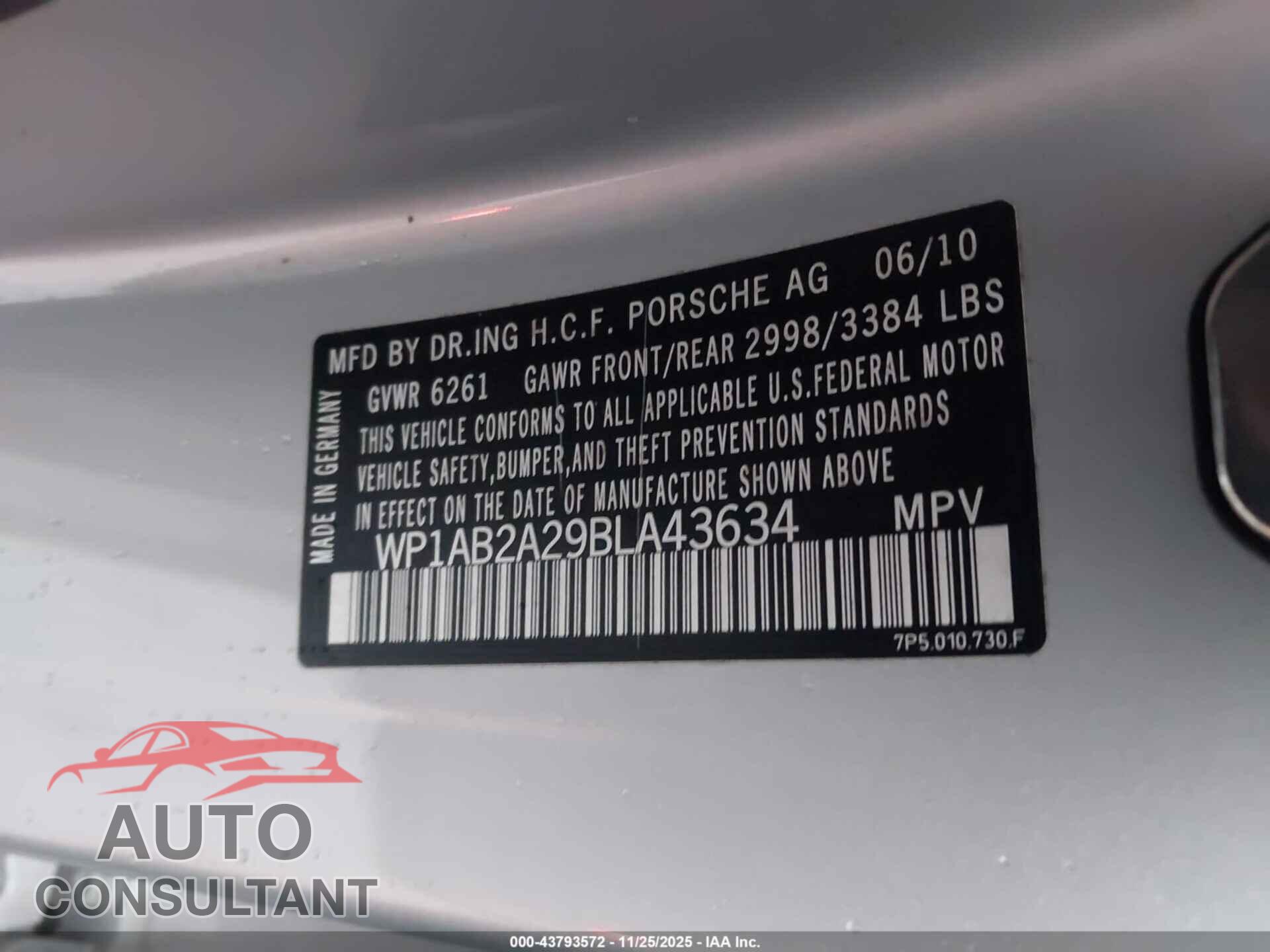 PORSCHE CAYENNE 2011 - WP1AB2A29BLA43634