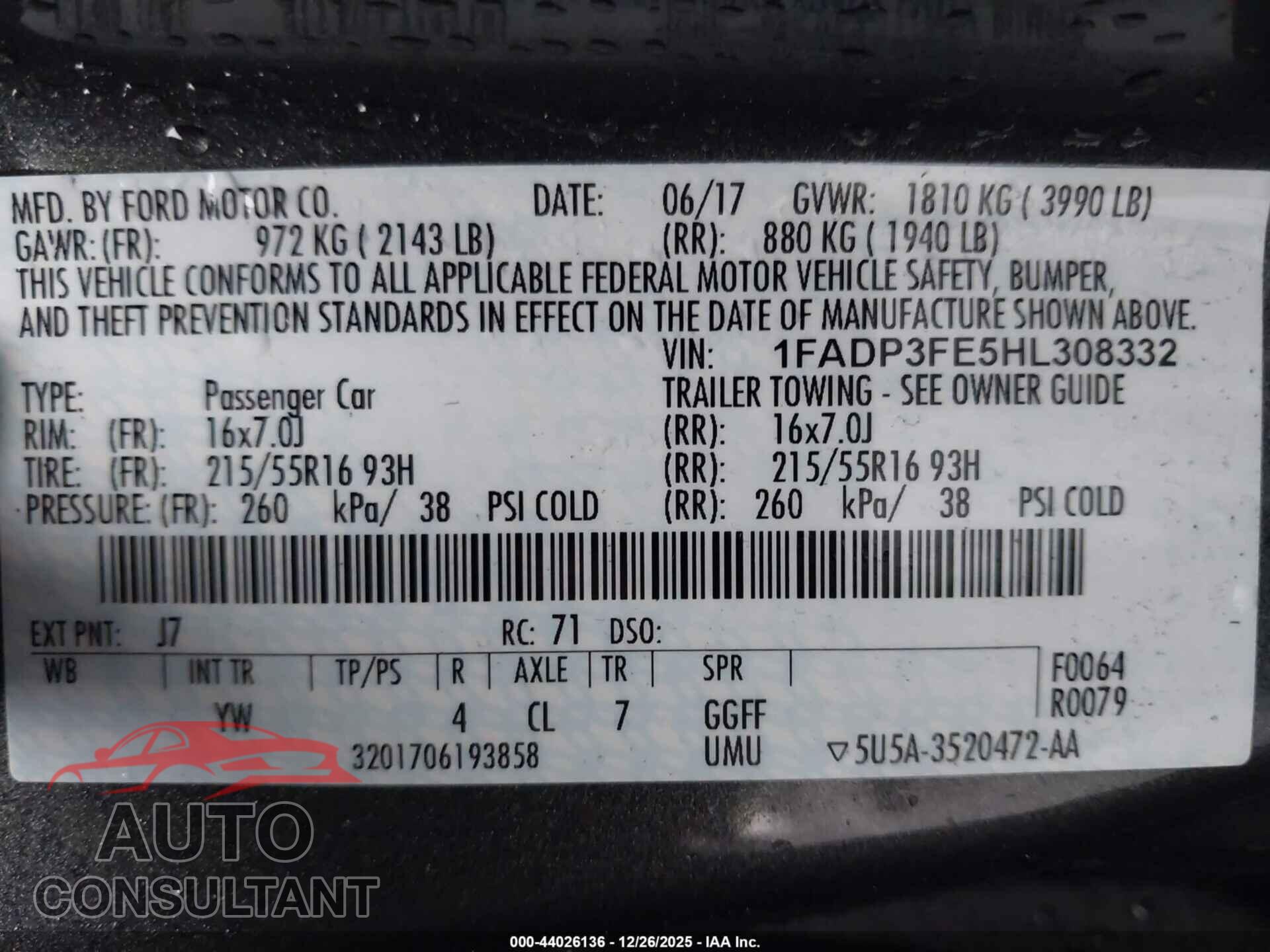 FORD FOCUS 2017 - 1FADP3FE5HL308332
