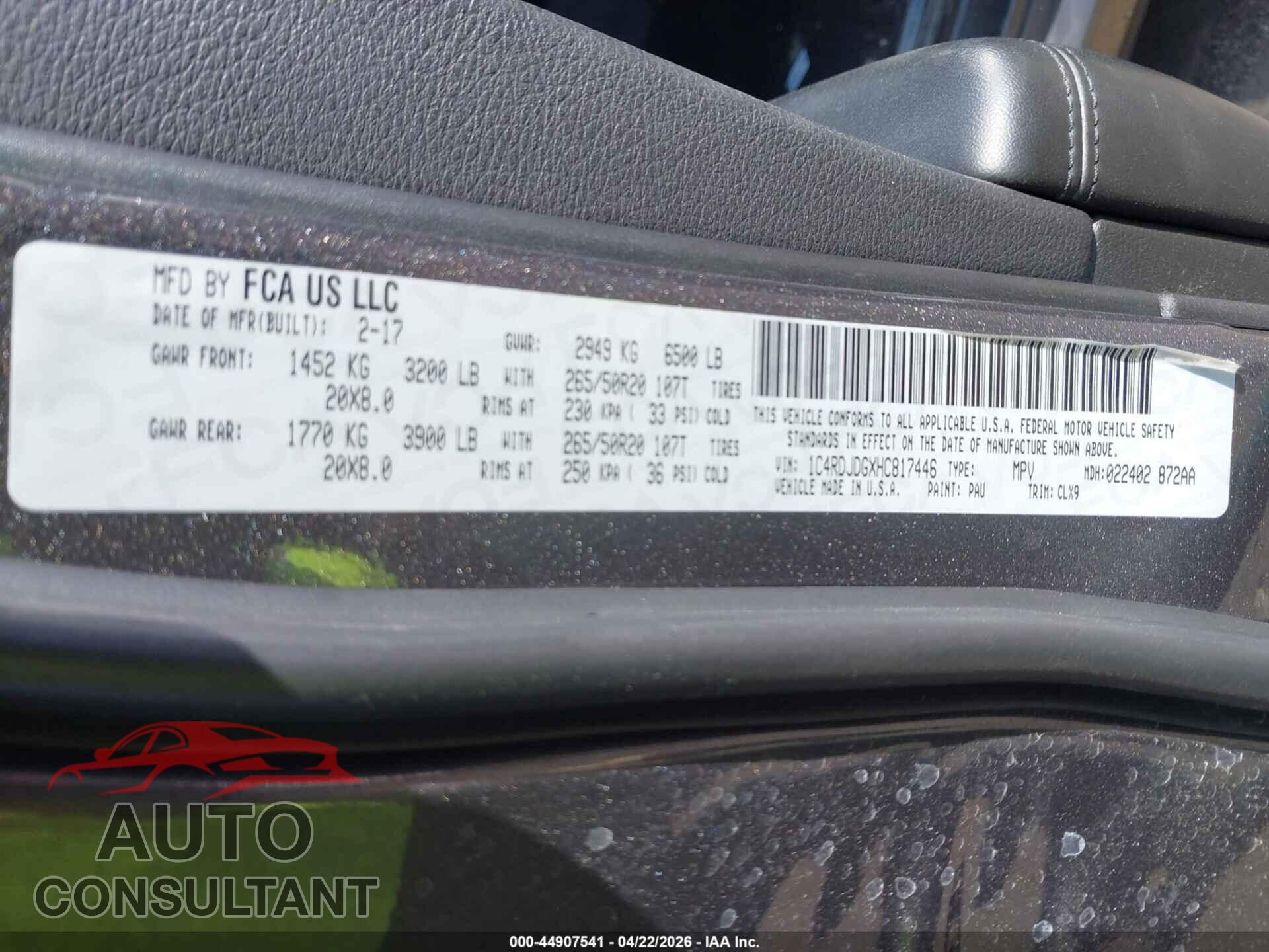 DODGE DURANGO 2017 - 1C4RDJDGXHC817446