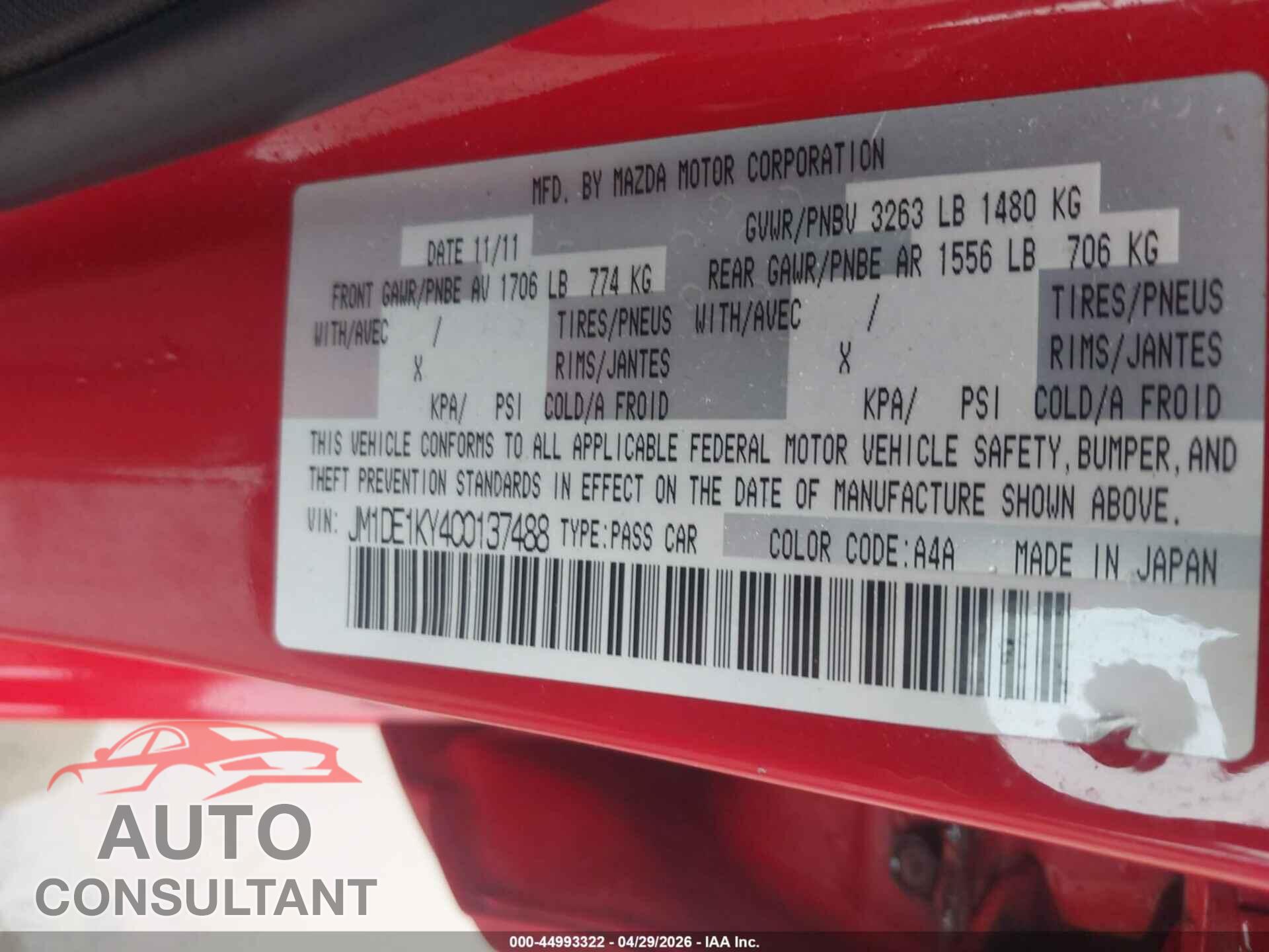 MAZDA MAZDA2 2012 - JM1DE1KY4C0137488