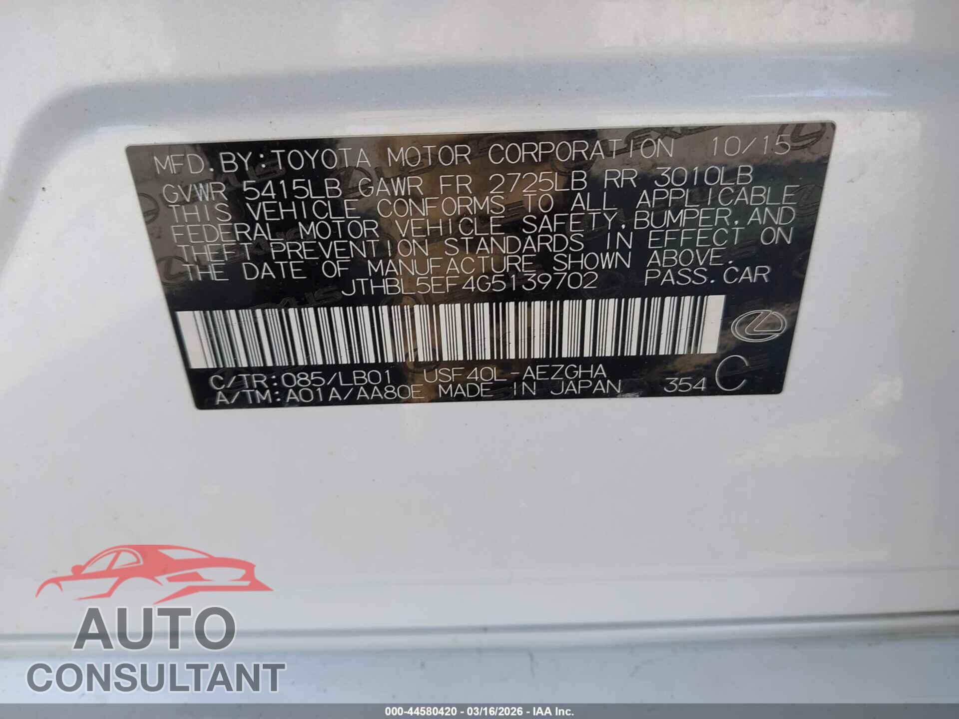 LEXUS LS 460 2016 - JTHBL5EF4G5139702