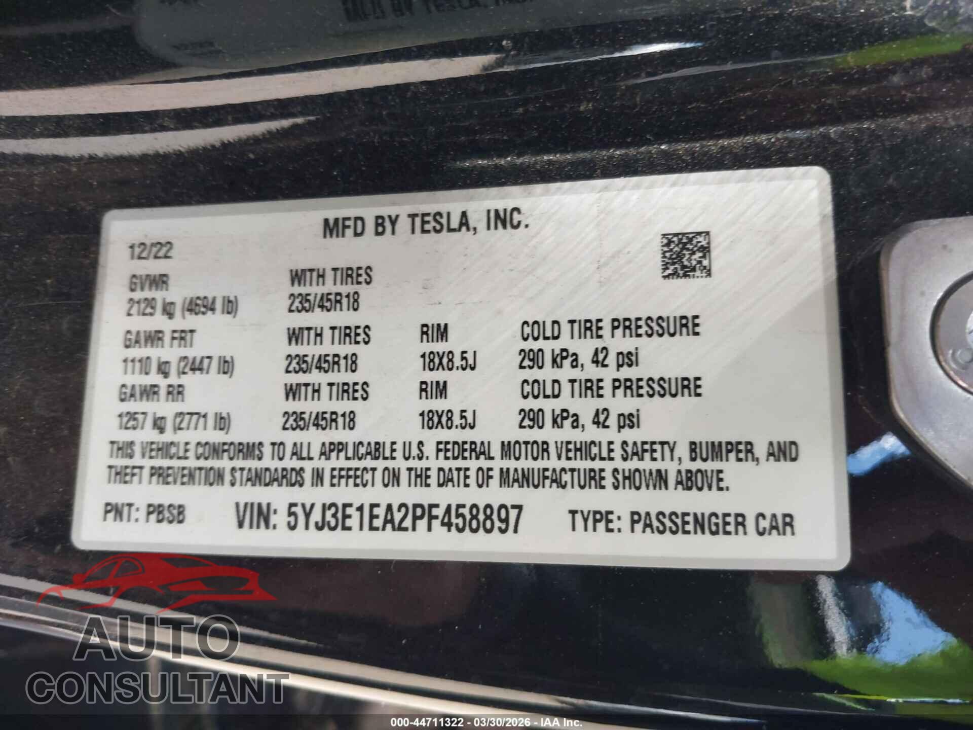 TESLA MODEL 3 2023 - 5YJ3E1EA2PF458897