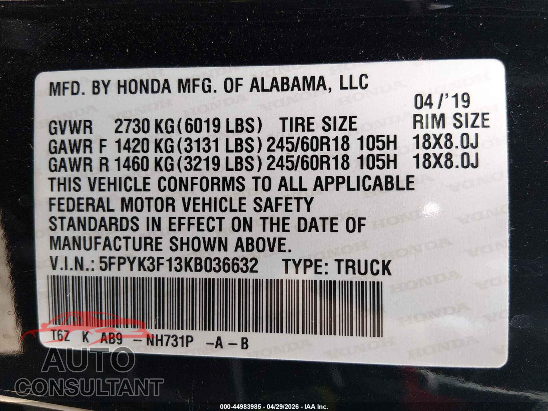 HONDA RIDGELINE 2019 - 5FPYK3F13KB036632
