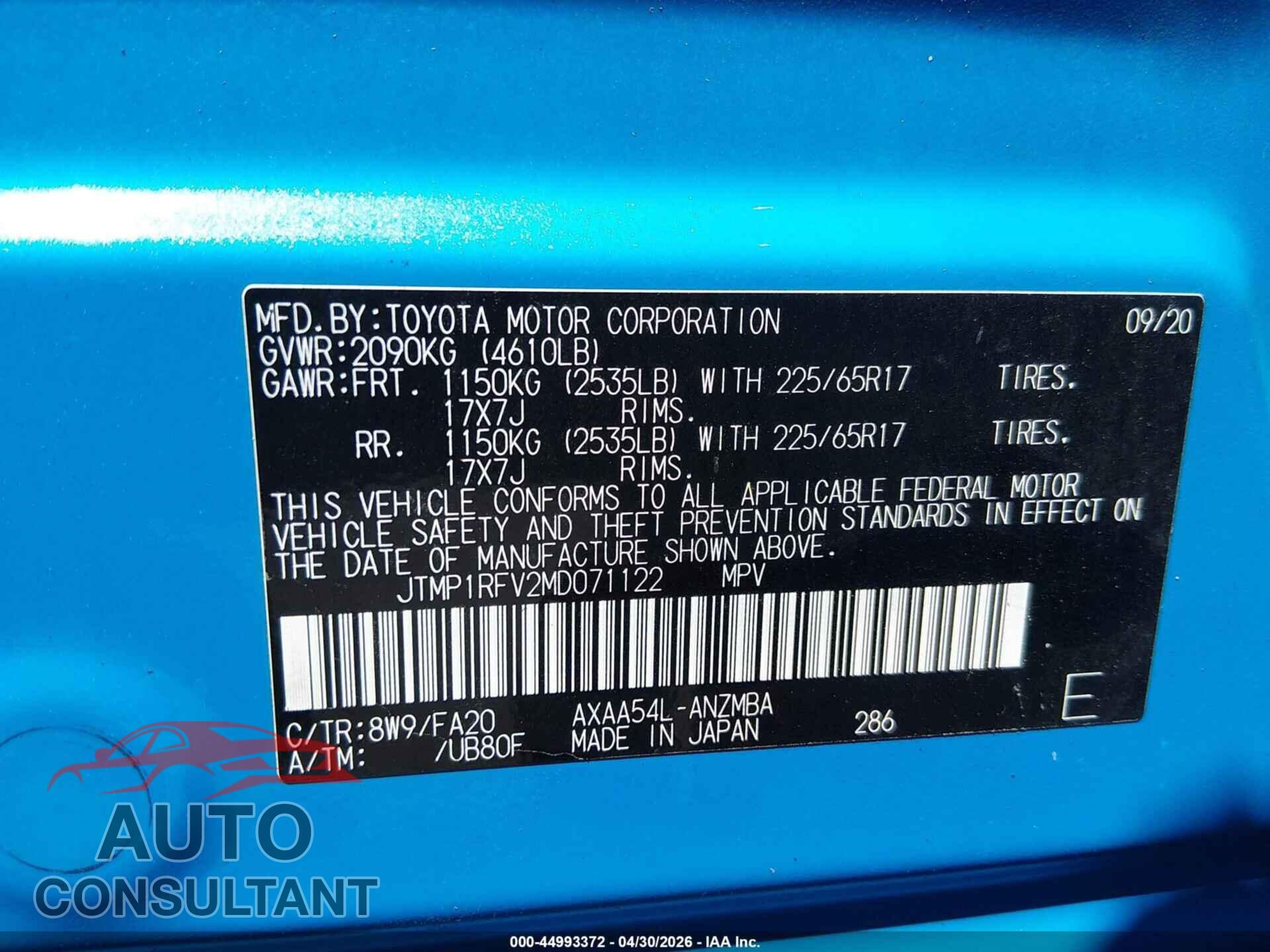 TOYOTA RAV4 2021 - JTMP1RFV2MD071122