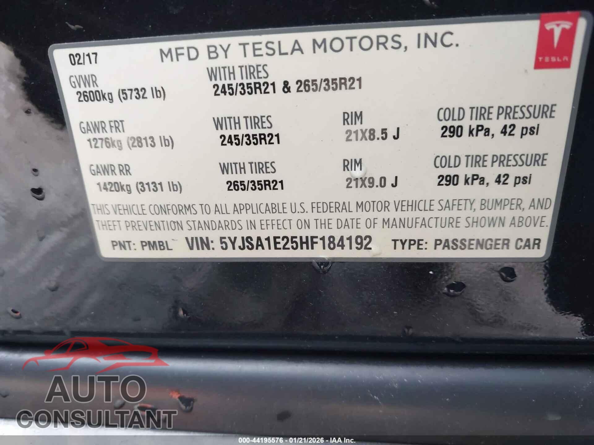 TESLA MODEL S 2017 - 5YJSA1E25HF184192
